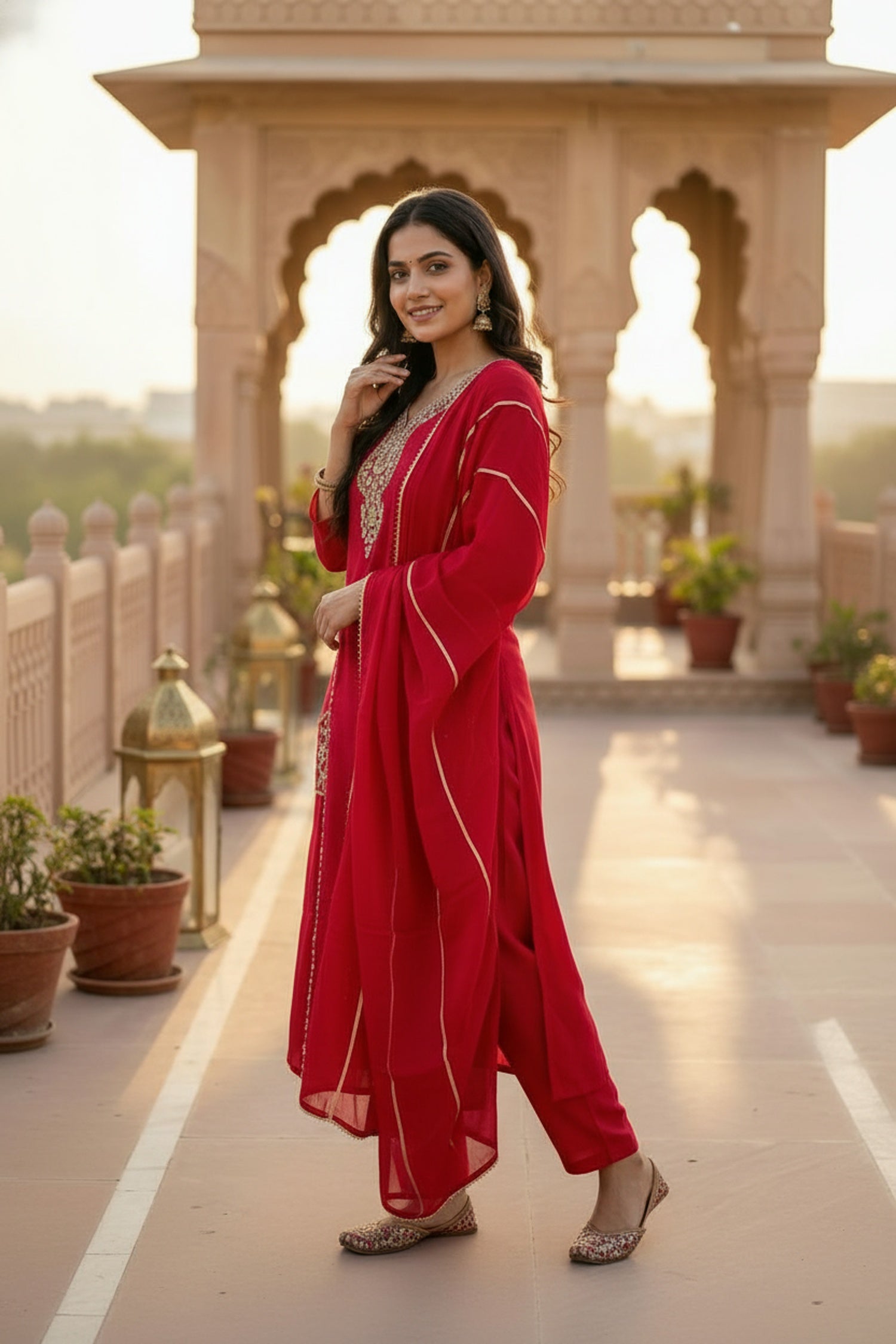 Royal Rani Red Three-Piece Set with Intricate Neck Embroidery