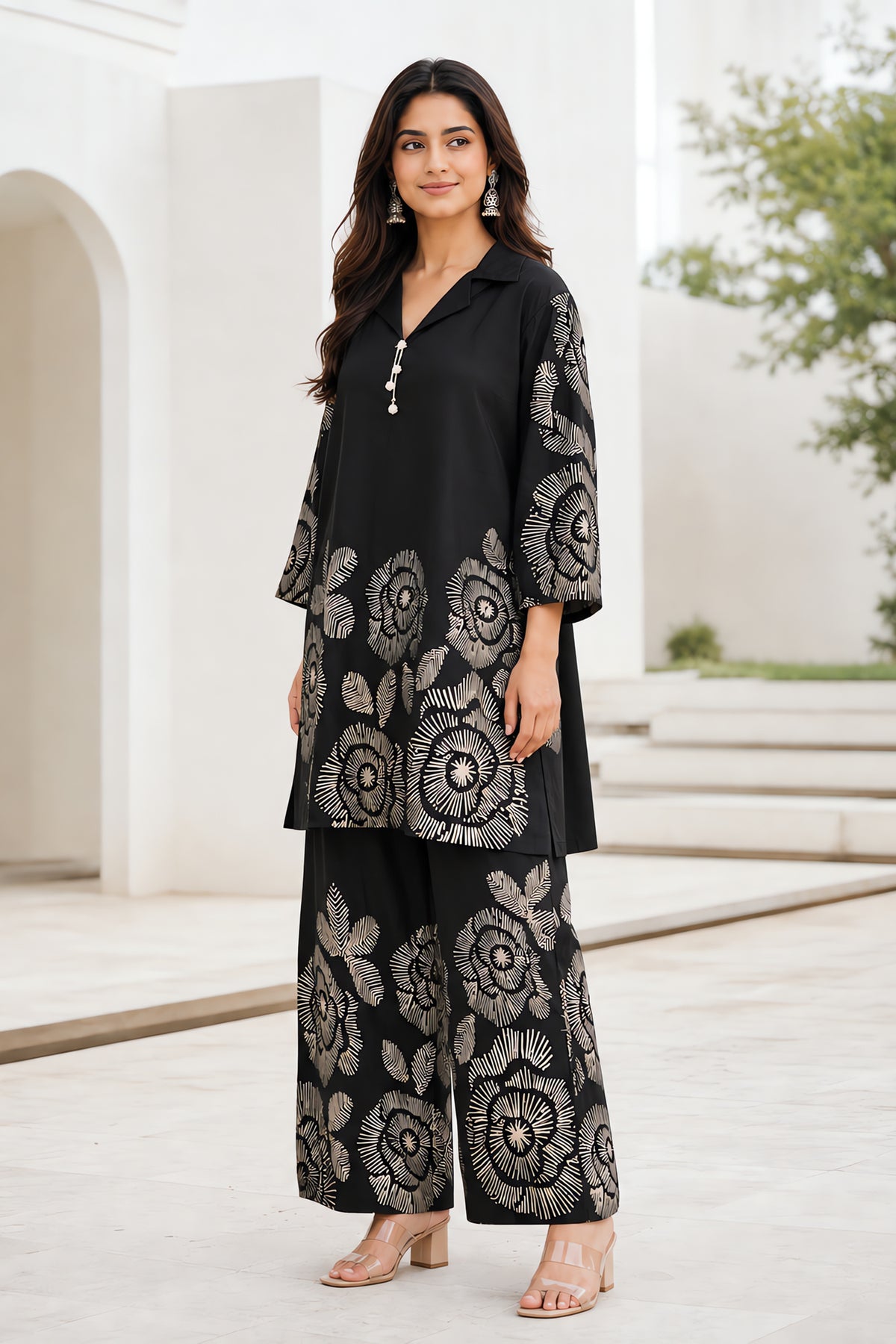 Black Floral Print Cotton Coord Sets