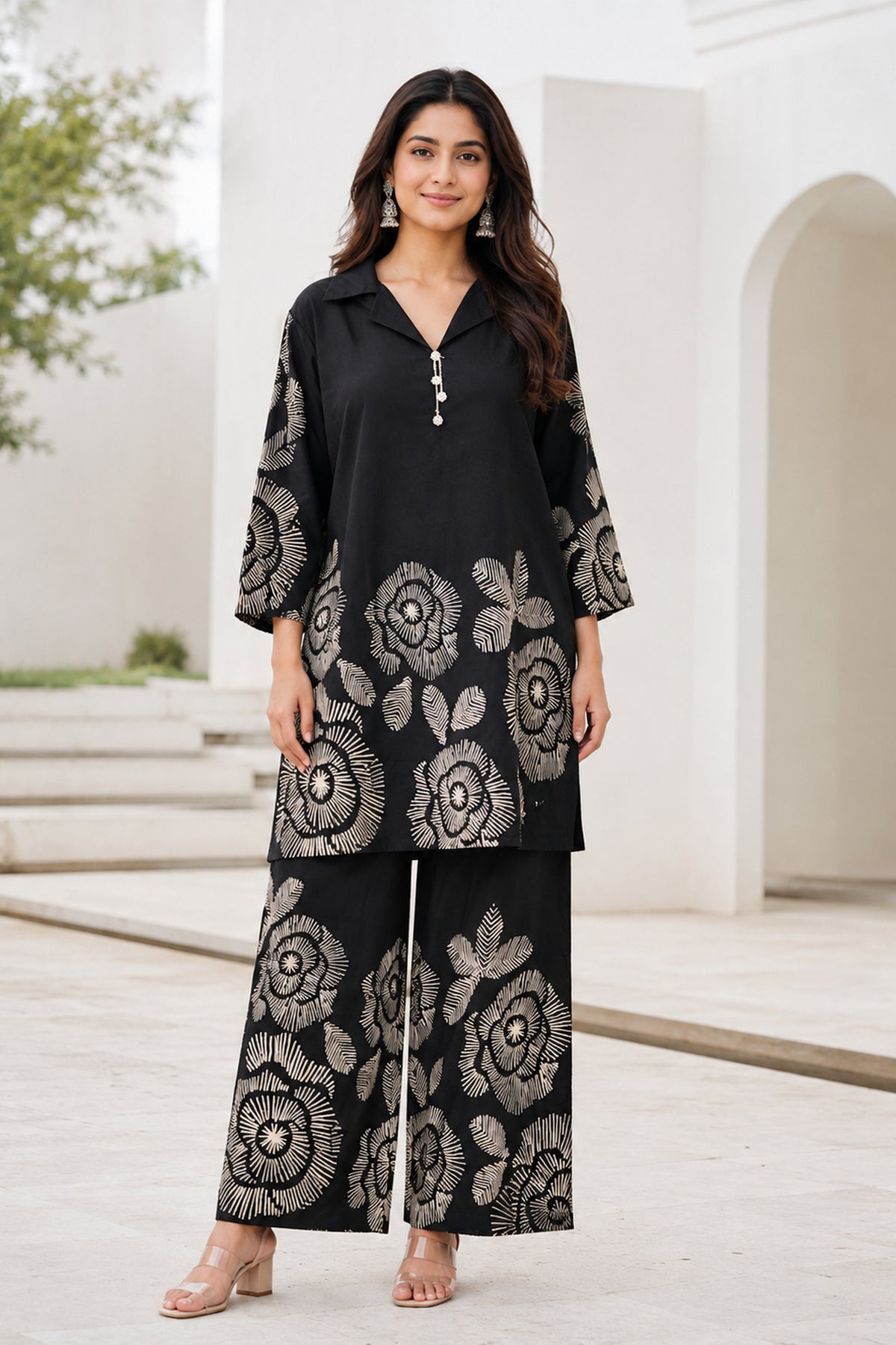 Black Floral Print Cotton Coord Sets