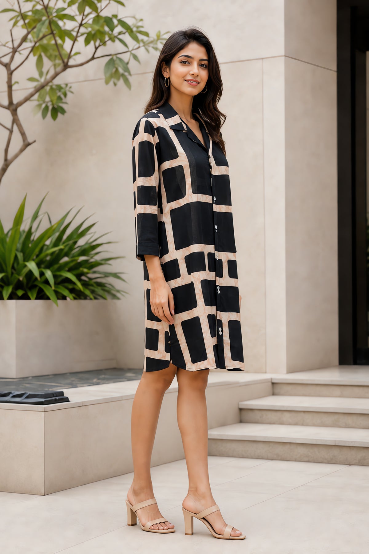 Black And Beige Geometric Printed Top Shirt