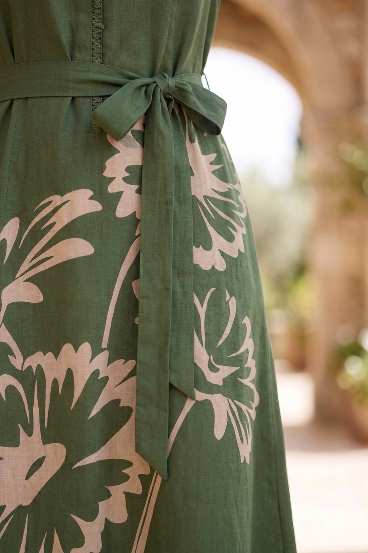 FREYAA Olive Green Floral Printed Russian Silk Midi Dress with Waist Tie-Up