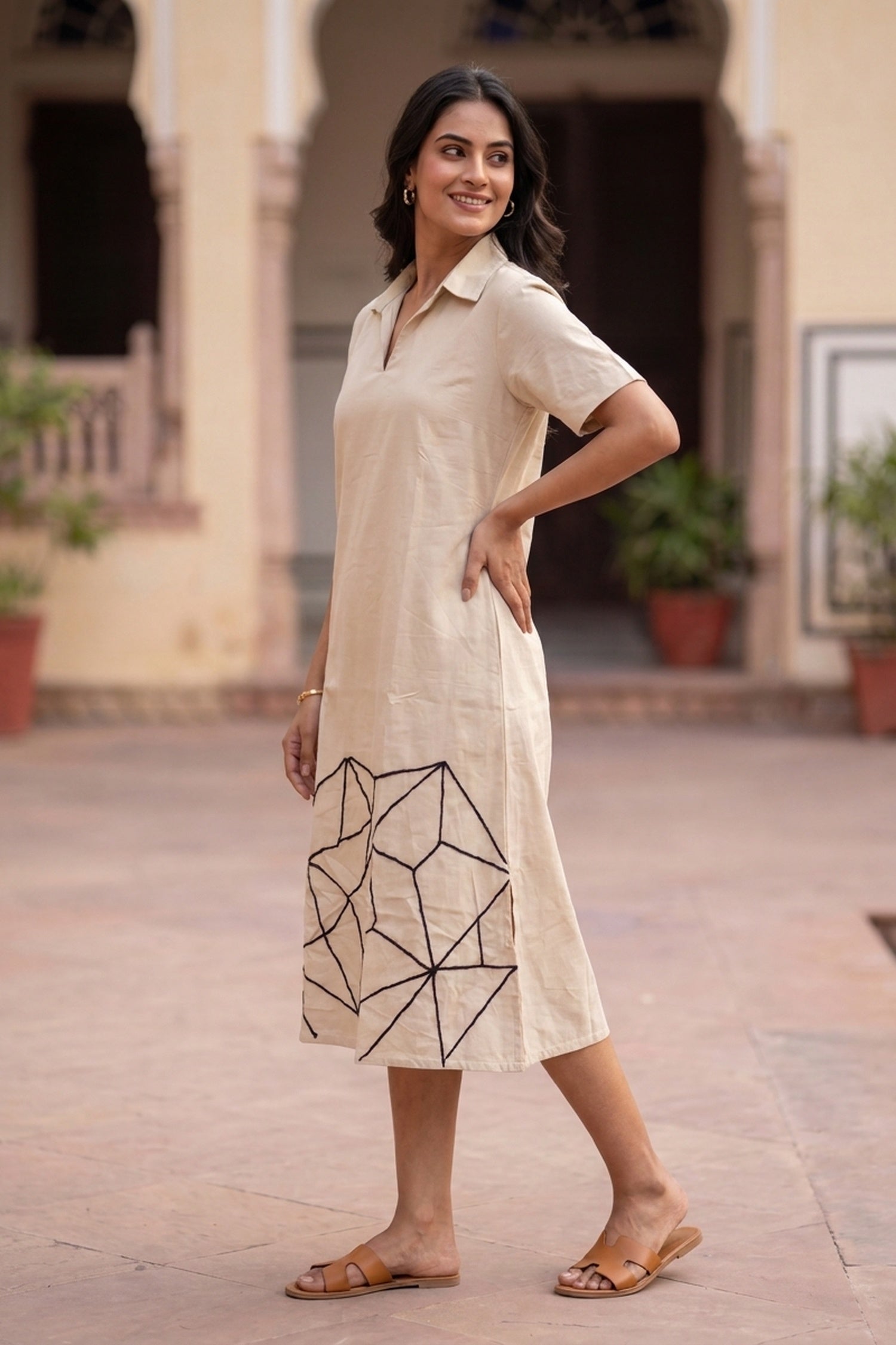 FREYAA Natural Cotton Flex Midi Dress with Abstract Embroidered Hem