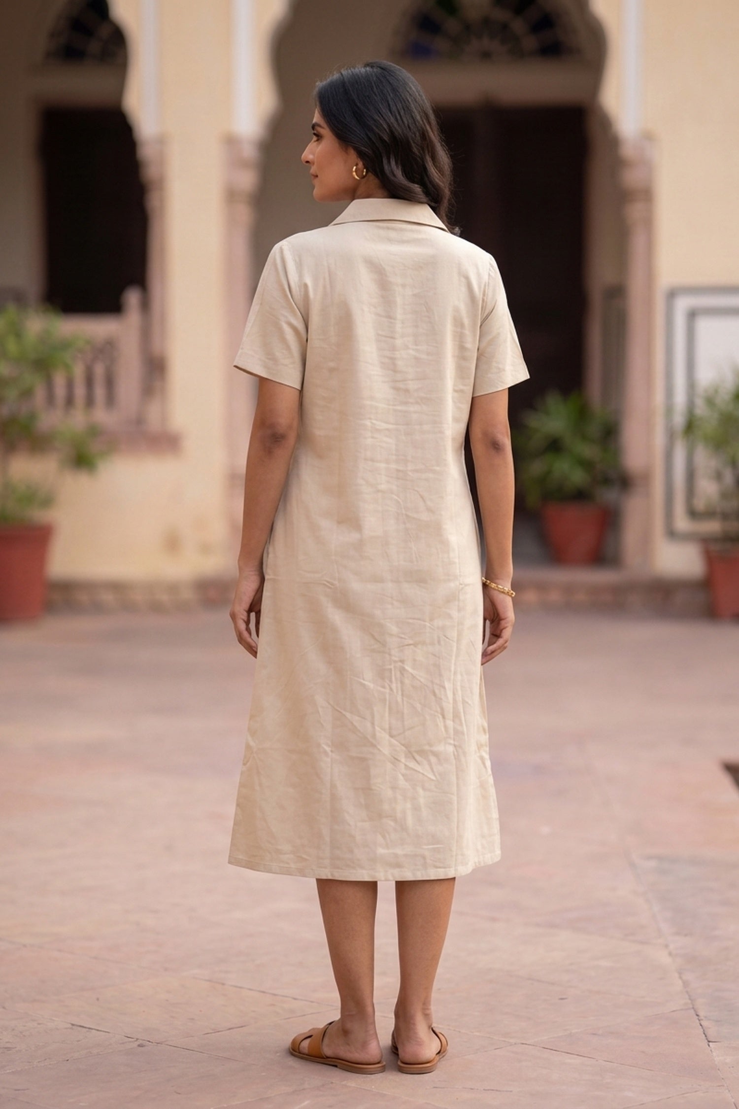 FREYAA Natural Cotton Flex Midi Dress with Abstract Embroidered Hem