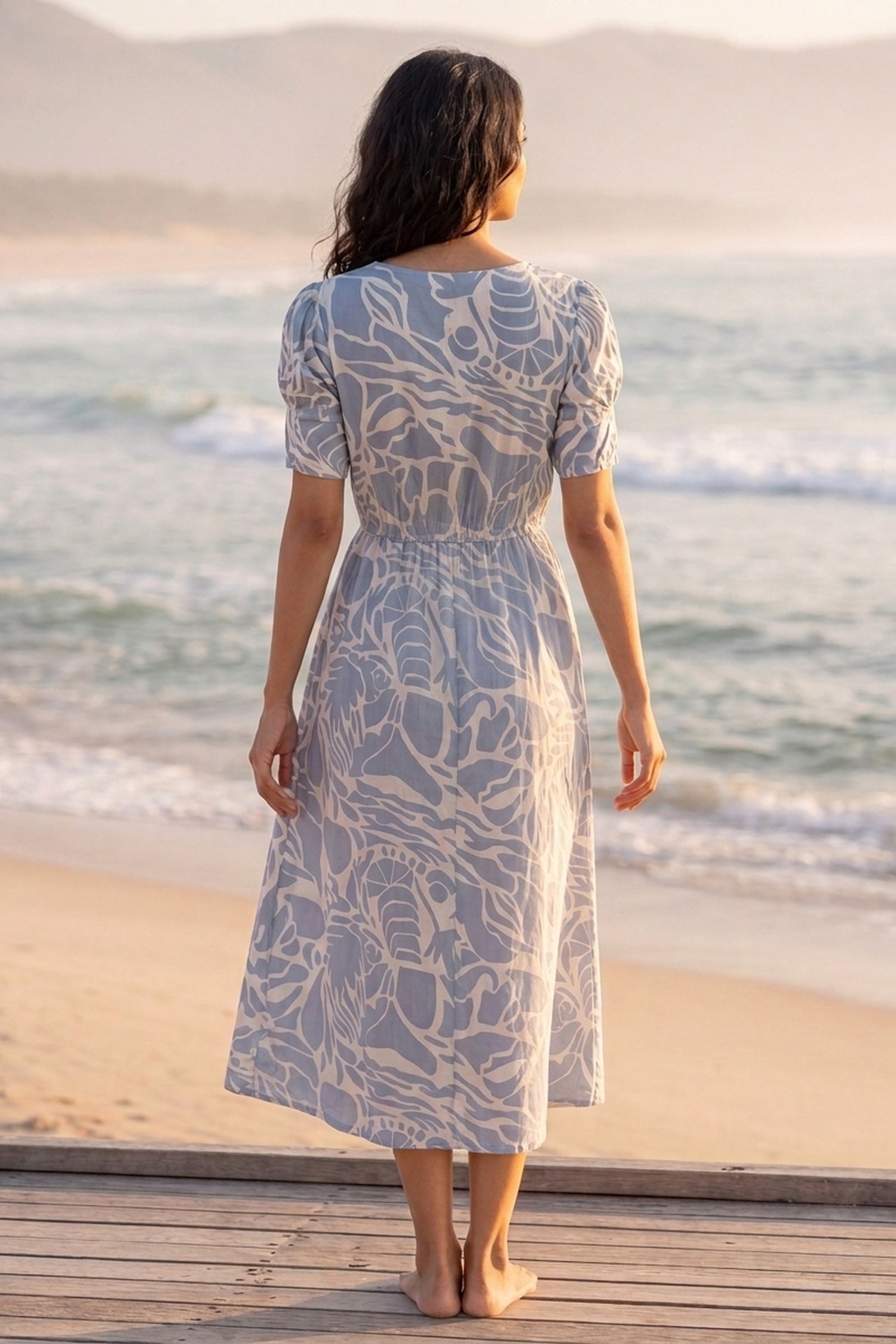 FREYAA Grey Printed Muslin Midi Dress with Puff Sleeves
