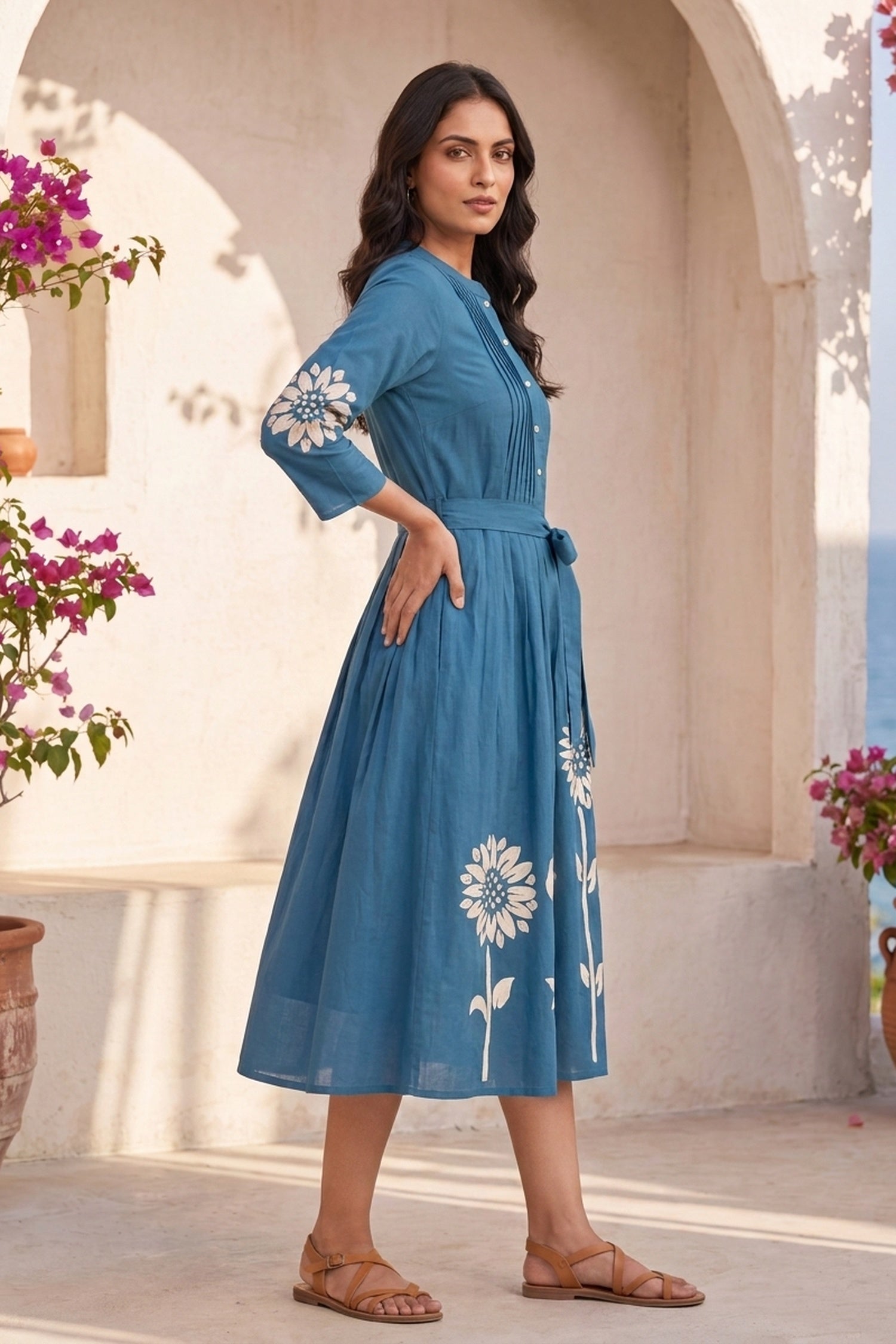 FREYAA Printed Cotton Midi Dress with 3/4th Sleeves & Waist Tie-Up