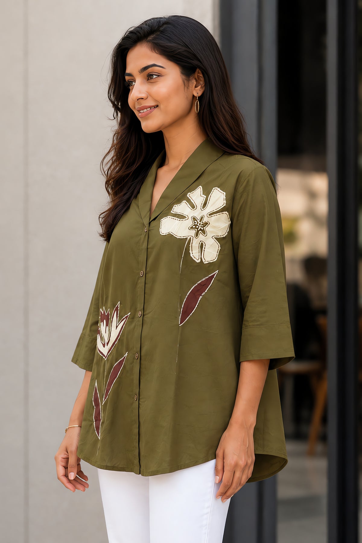 Olive Green Cotton Floral Embroidered Top