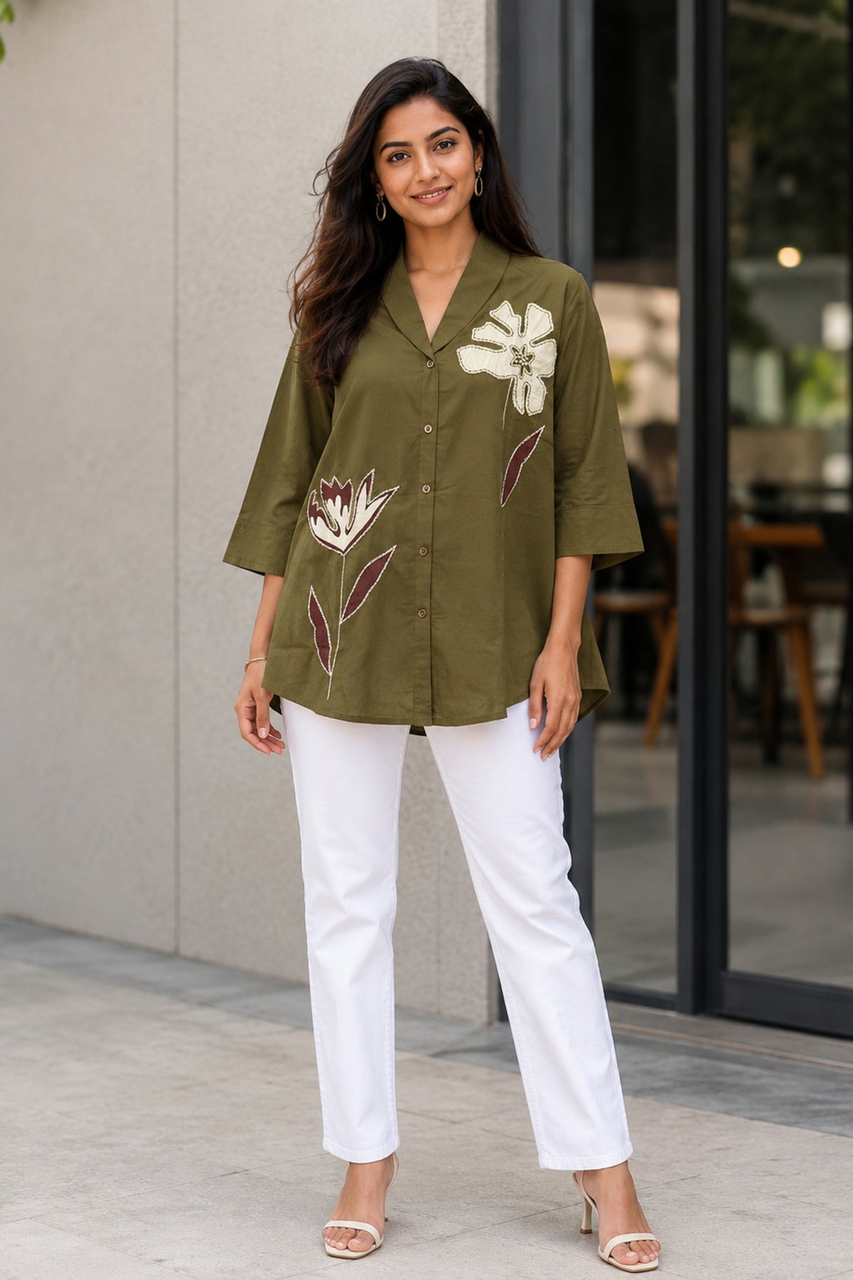 Olive Green Cotton Floral Embroidered Top