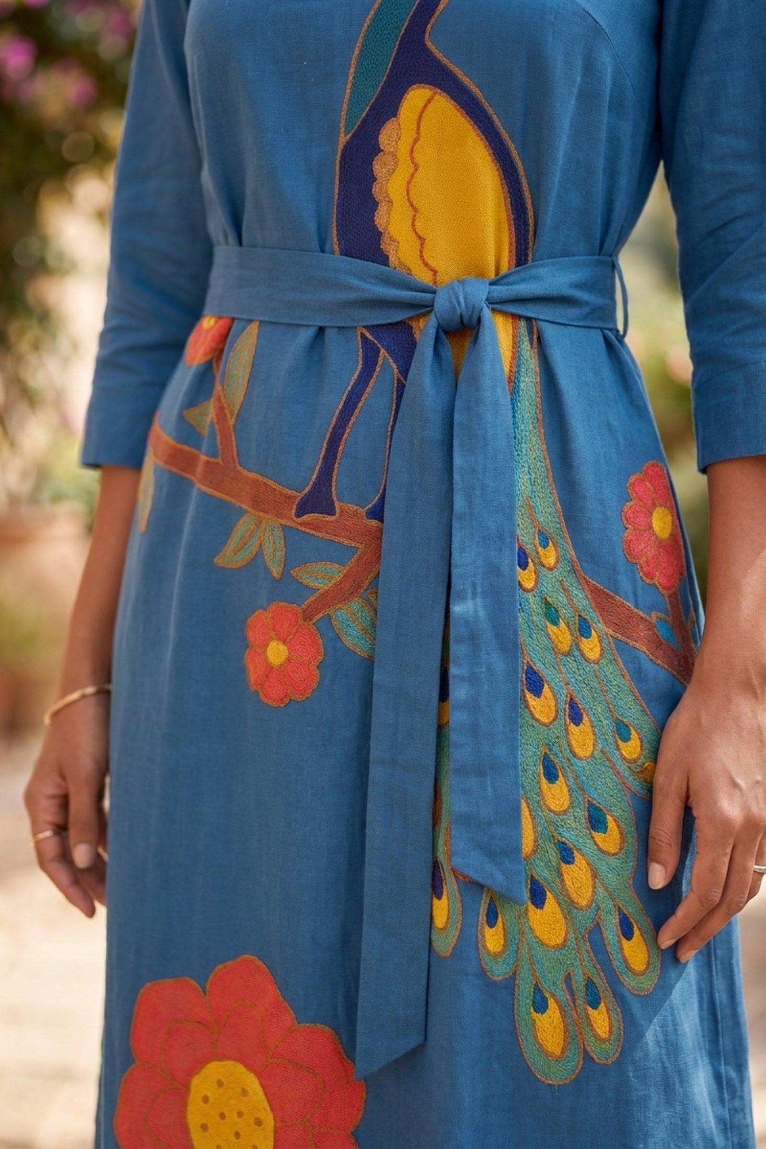 FREYAA Blue Peacock Print Gichha Cotton Midi Dress with Waist Tie-Up