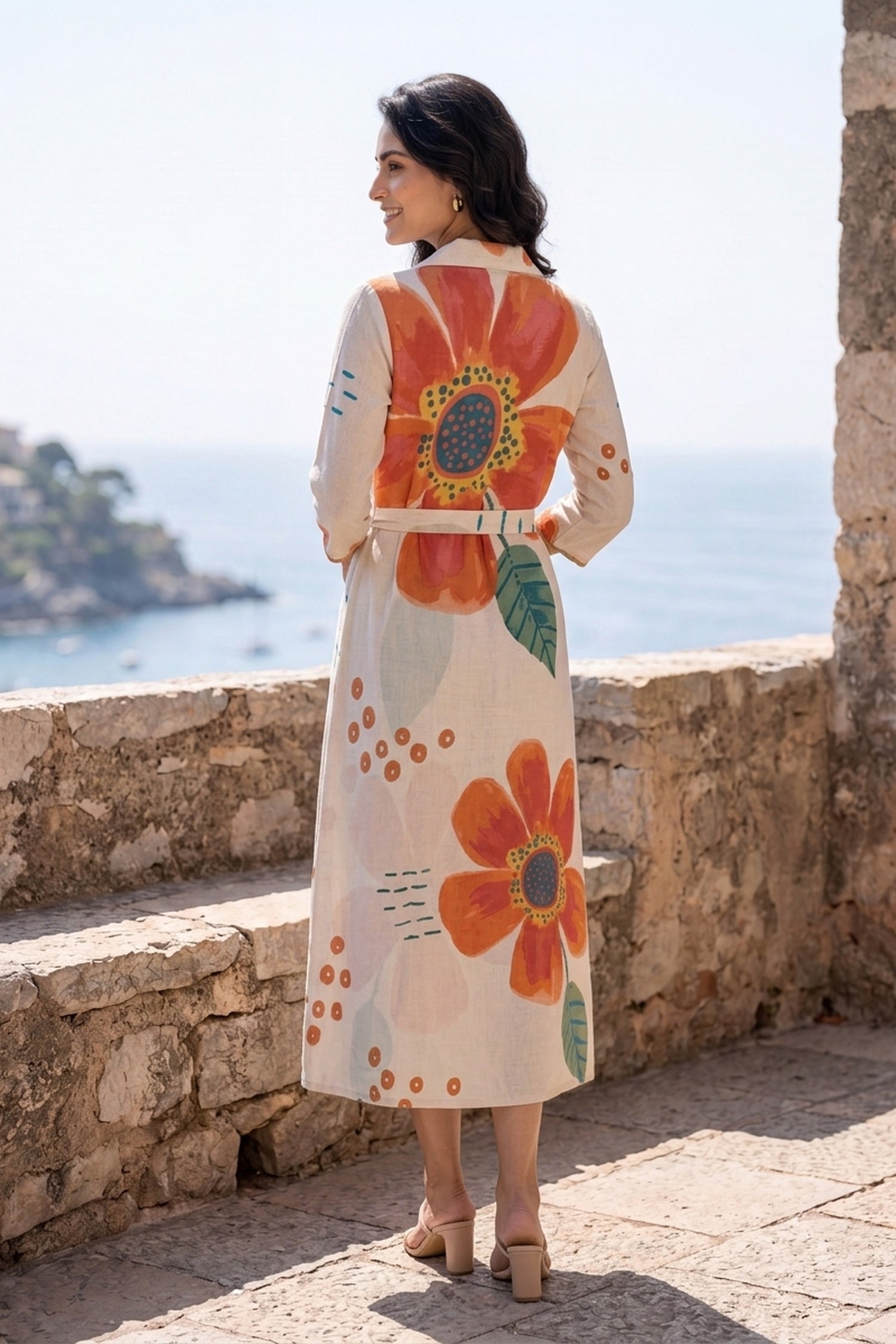 FREYAA Cream Floral Printed Cotton Midi Dress with Waist Tie-Up