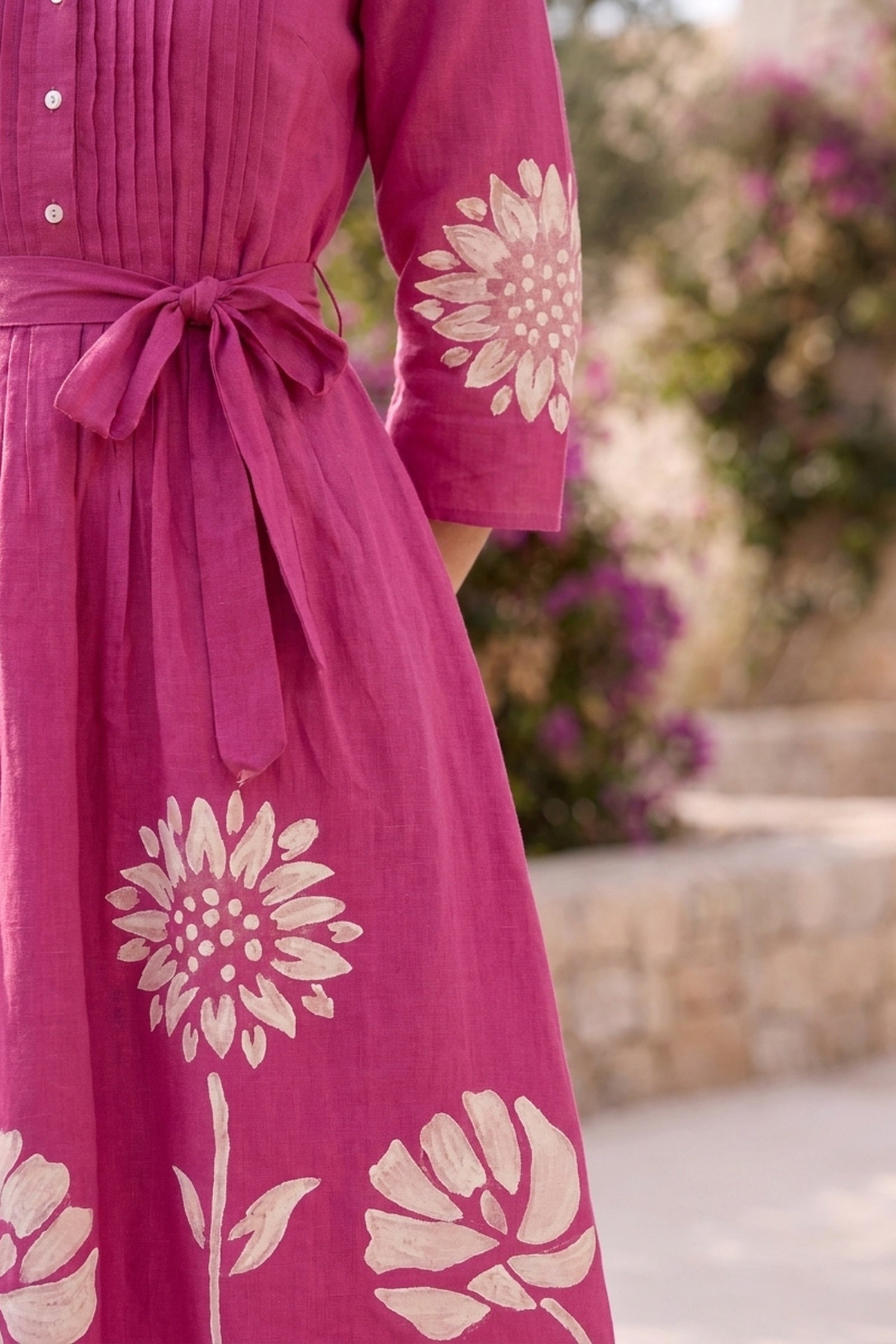 FREYAA Pink Floral Printed Cotton Midi Dress With Waist Tie-Up