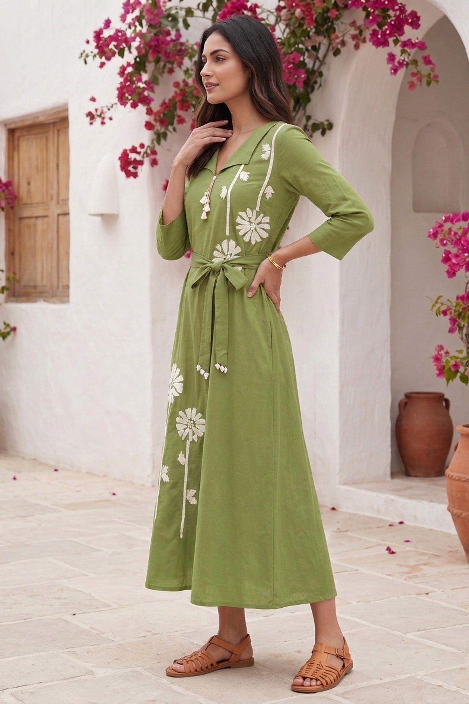 Green Floral Printed Midi Dress with Waist Tie-Up