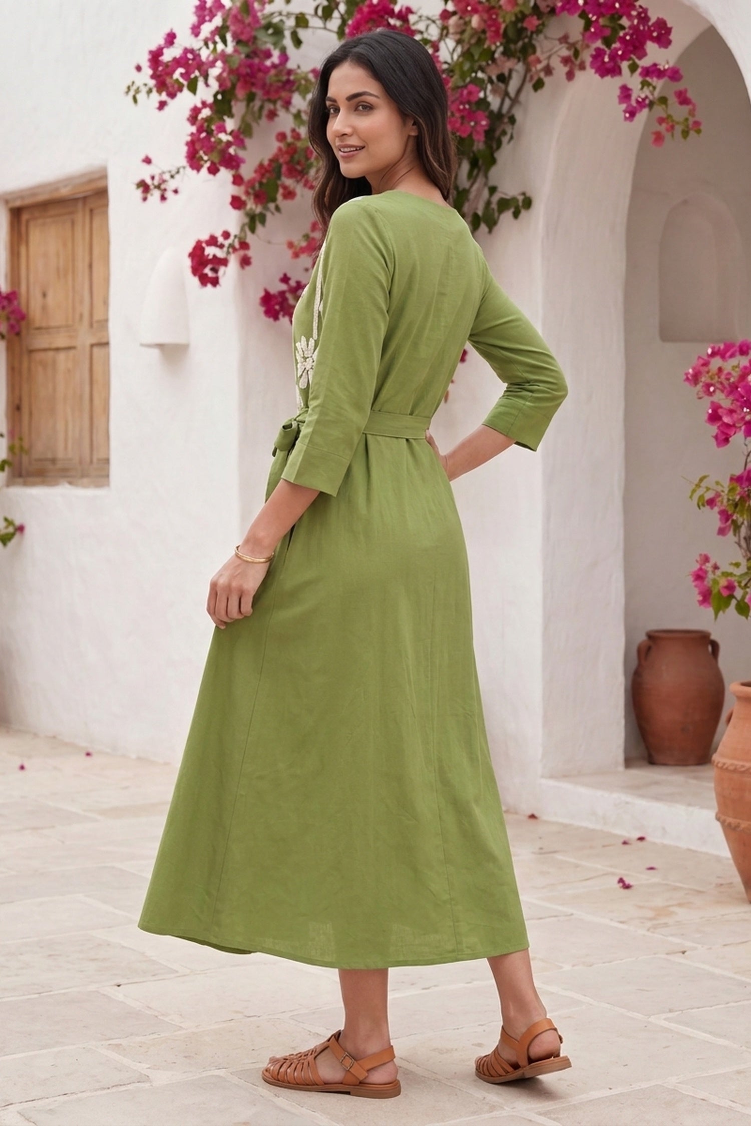 Green Floral Printed Midi Dress with Waist Tie-Up