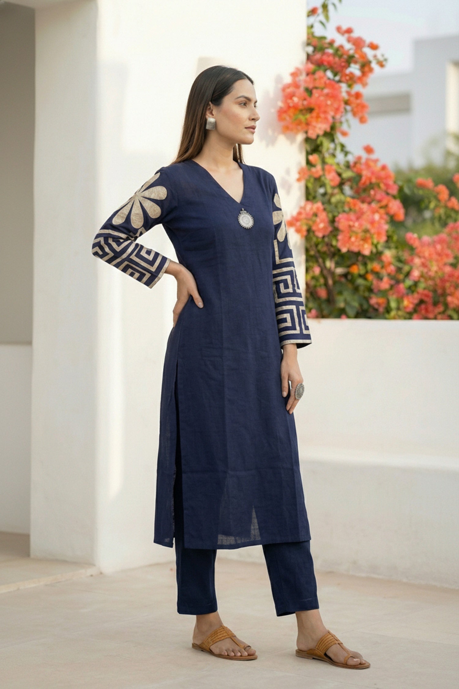Navy Blue Co-ord Set with Embroidered Sleeves