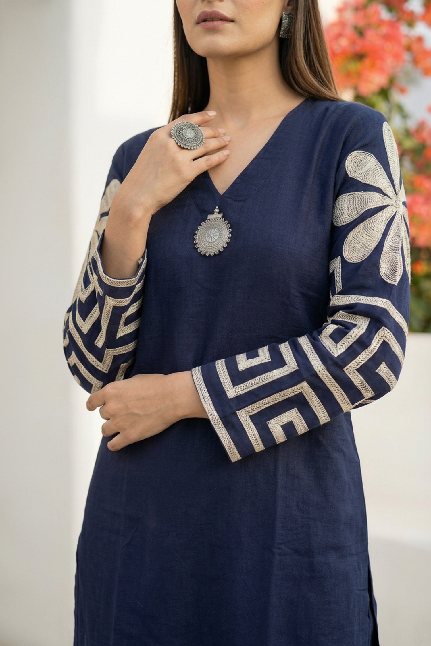 Navy Blue Co-ord Set with Embroidered Sleeves