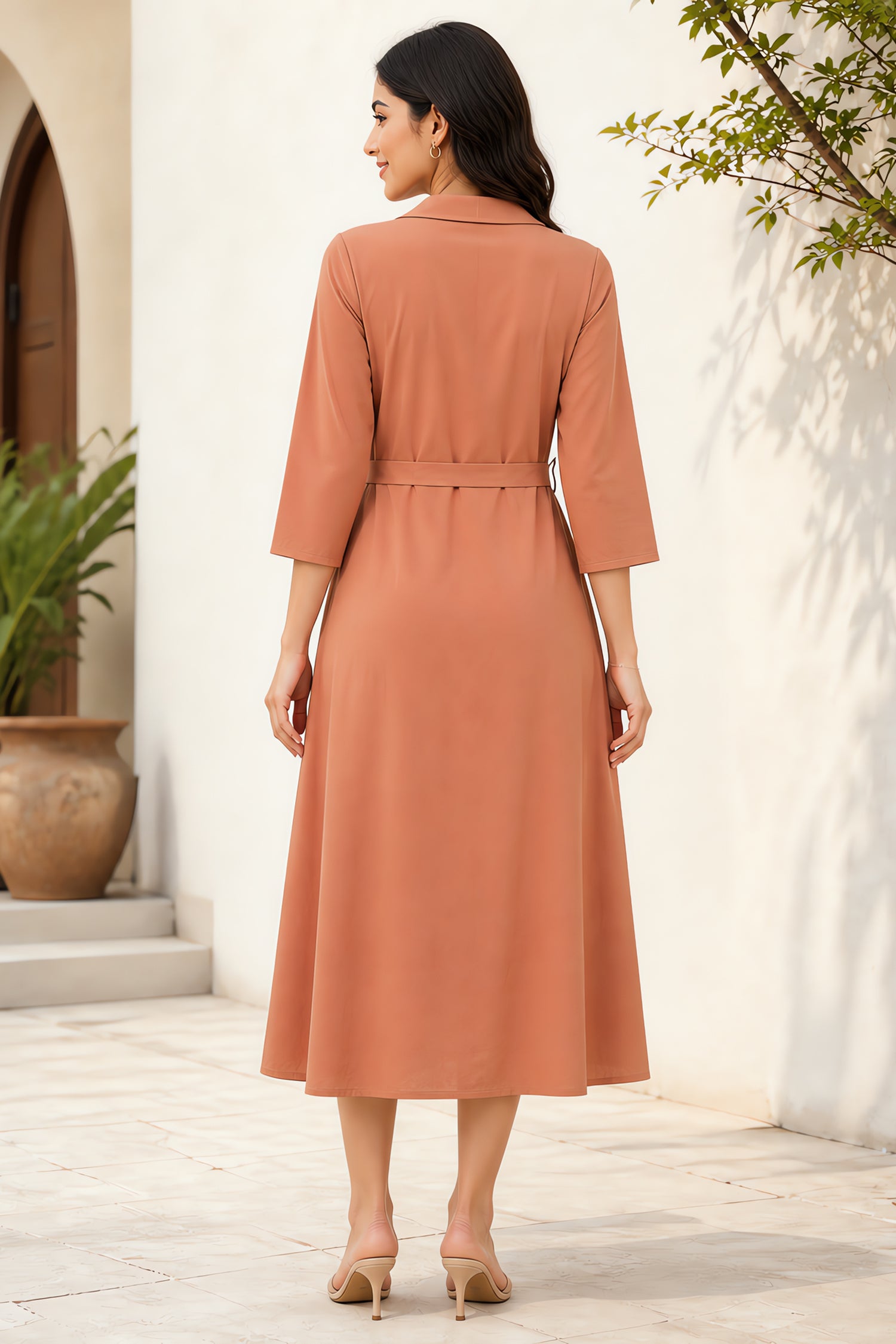 Embroidered Rust Cotton A-Line Dress