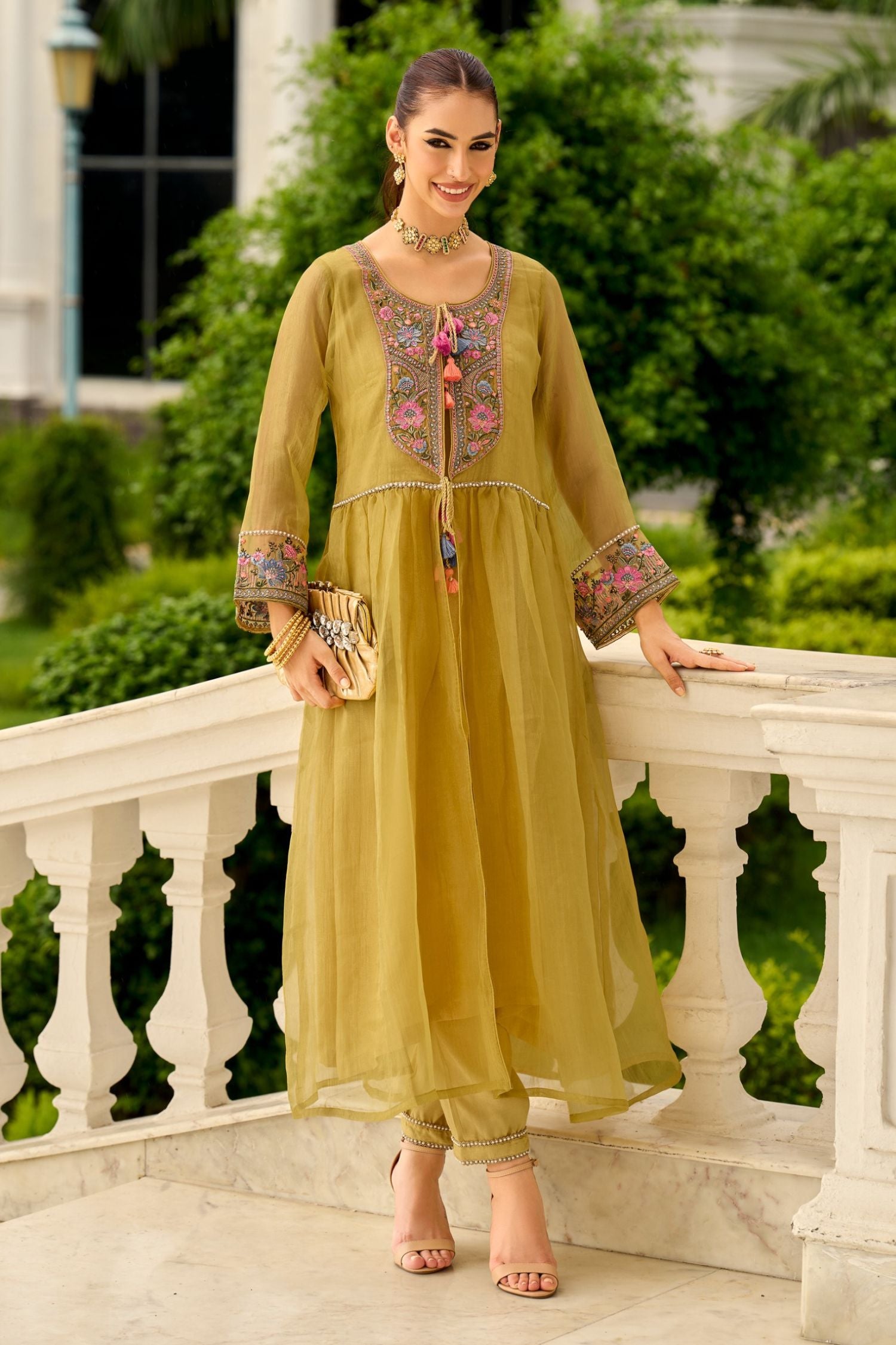Signature Pure Organza Collection – Embroidered Perfection with Handcrafted Charm (Mustard)