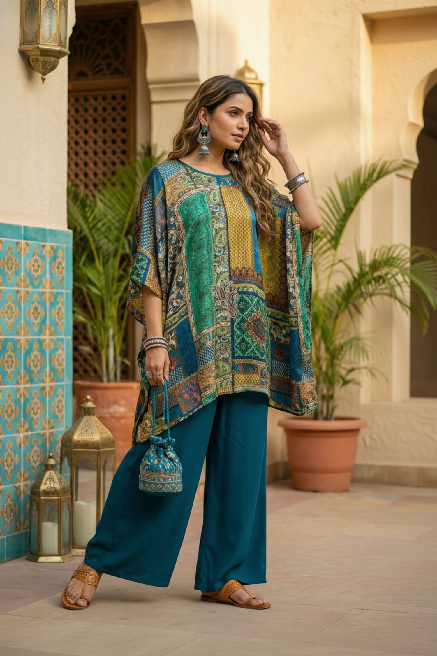 Peacock Blue Printed Kaftan