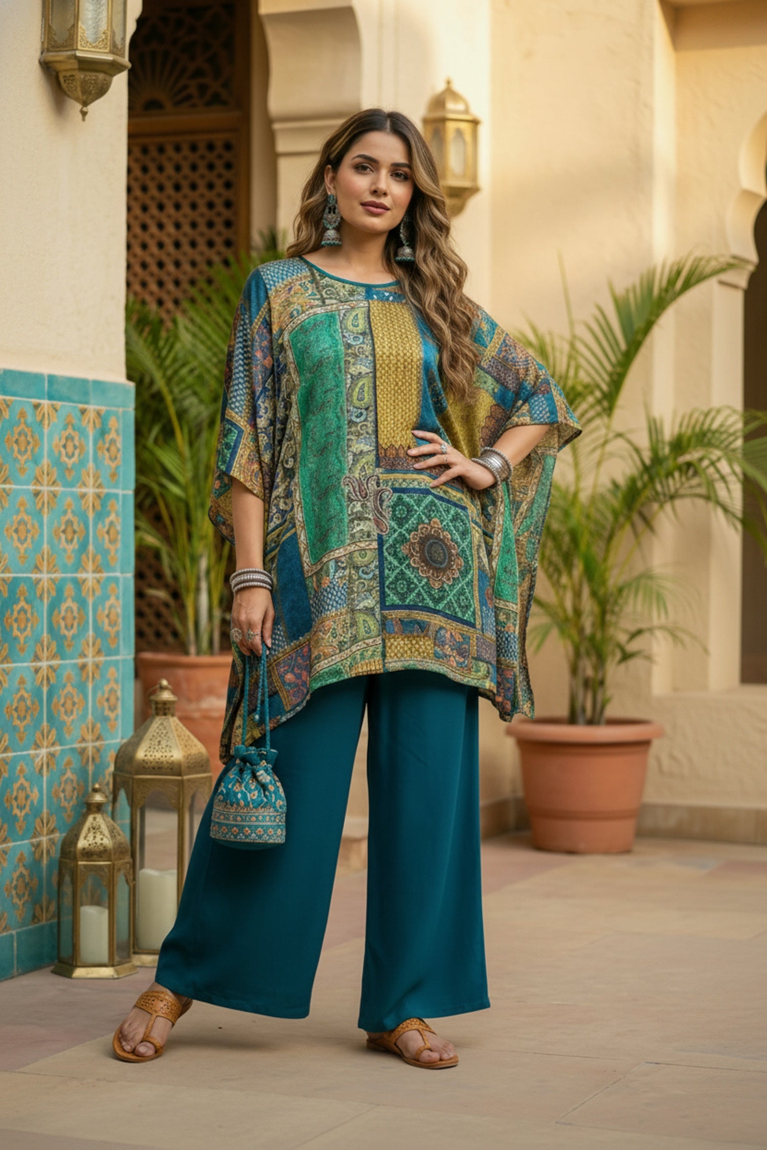 Peacock Blue Printed Kaftan