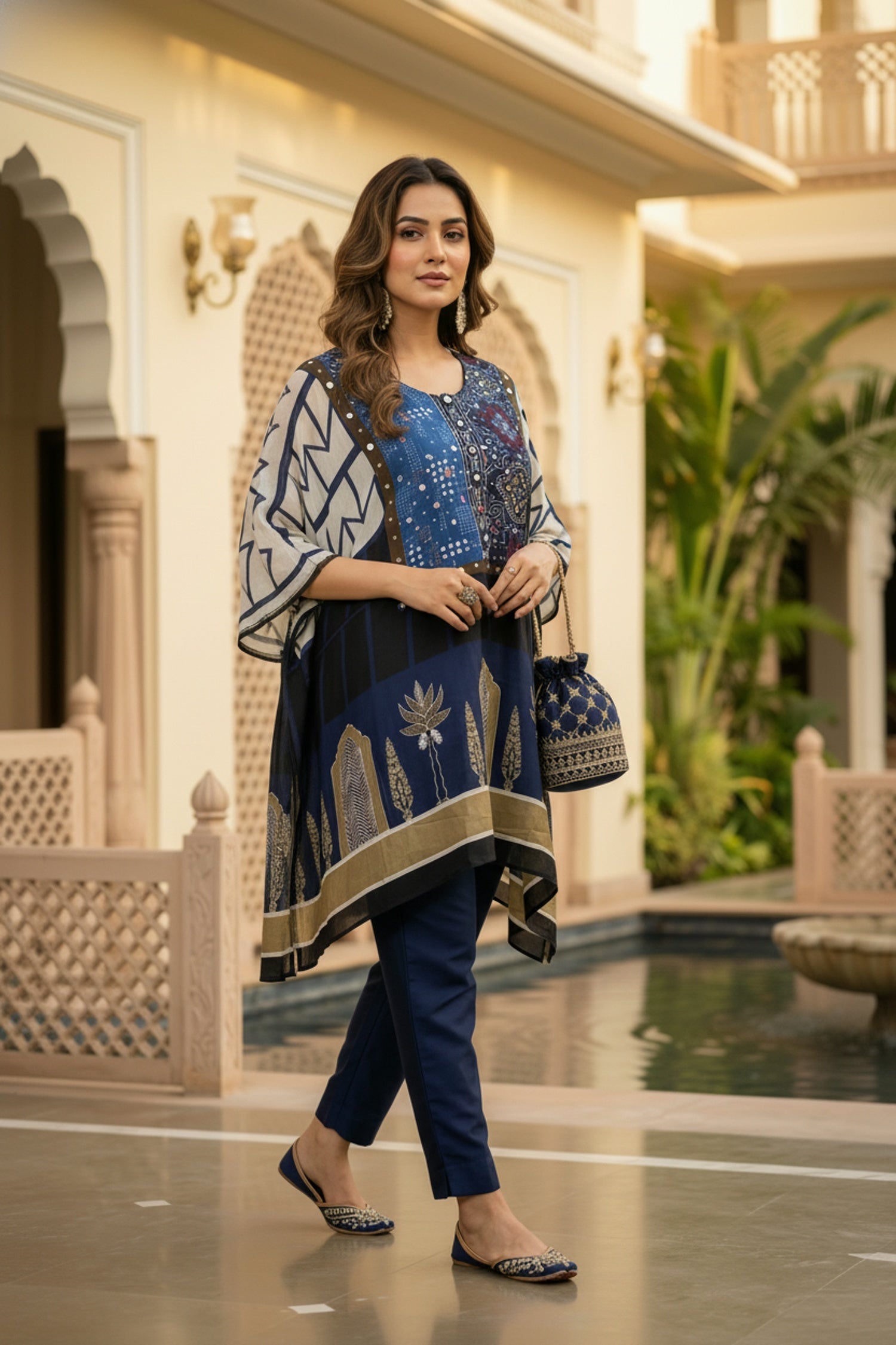 Navy Blue Printed Kaftan with Embroidered Neck