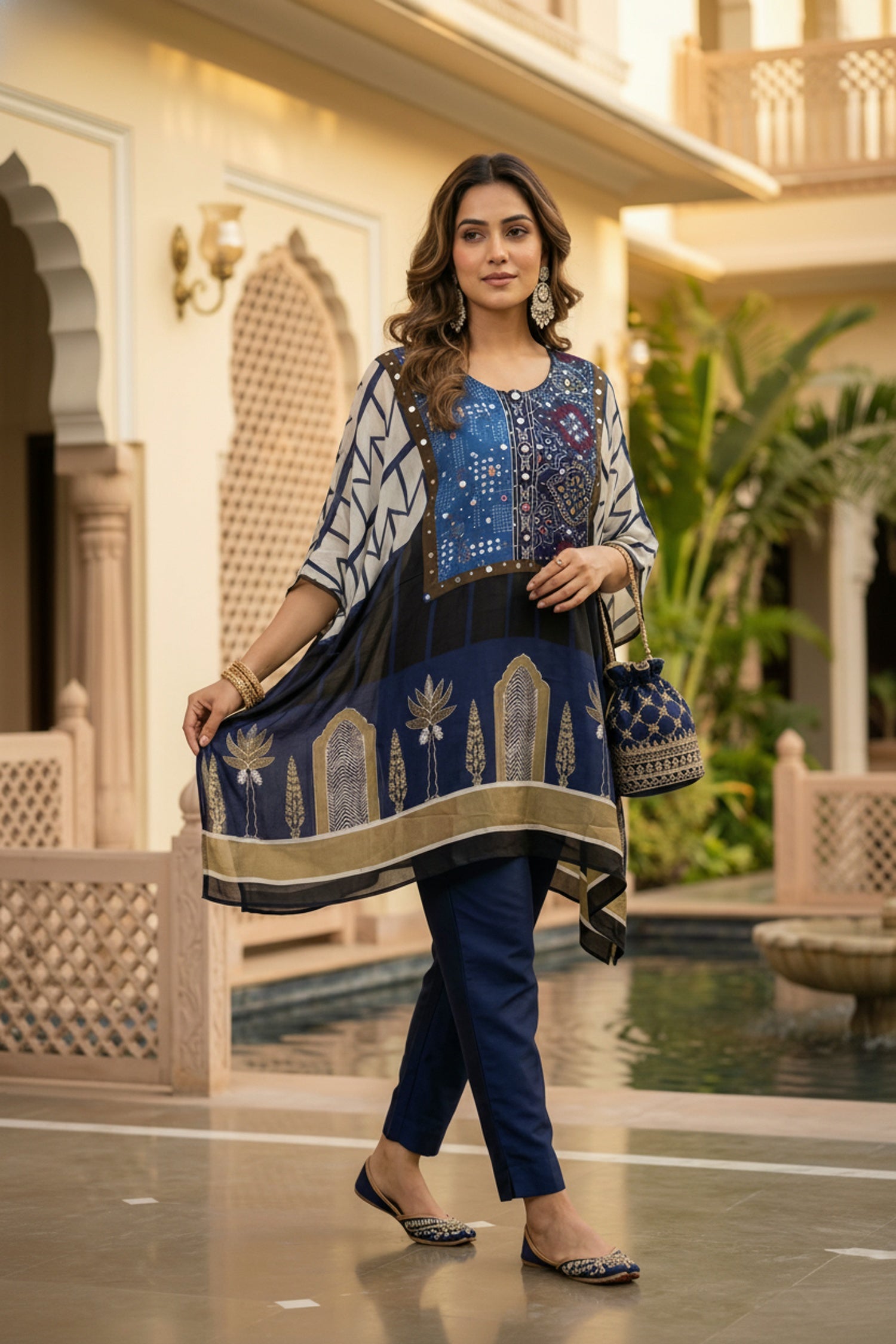 Navy Blue Printed Kaftan with Embroidered Neck