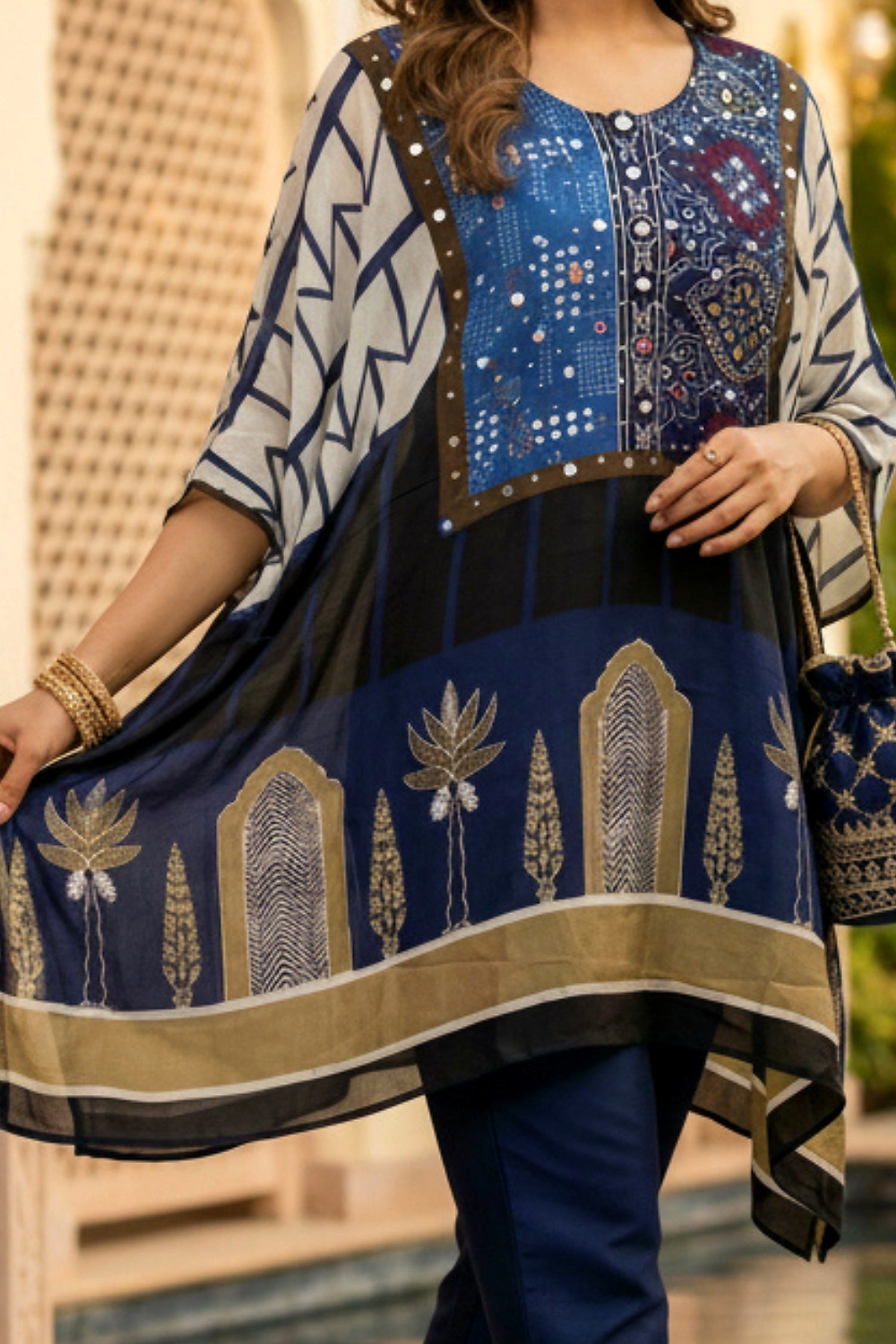 Navy Blue Printed Kaftan with Embroidered Neck