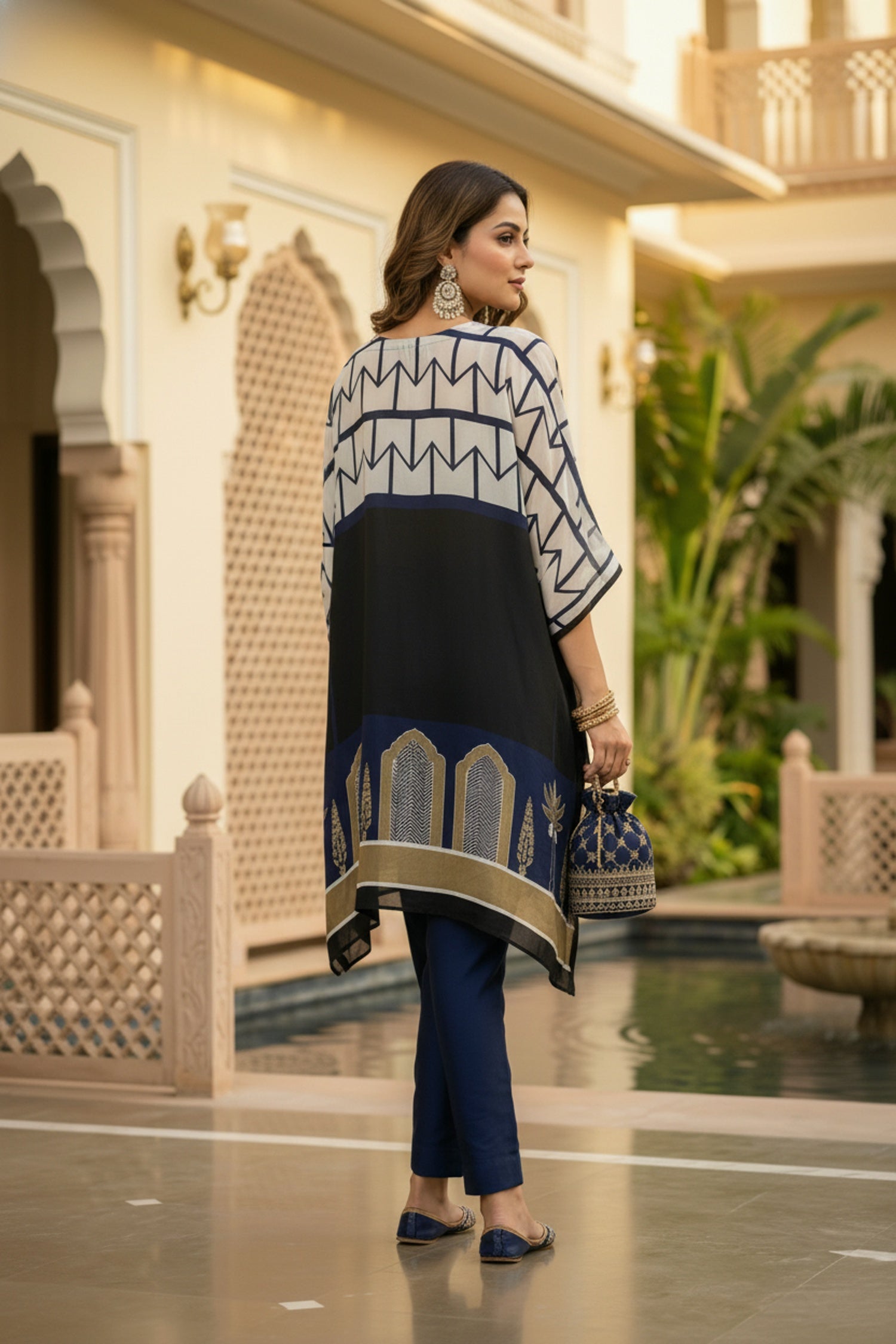 Navy Blue Printed Kaftan with Embroidered Neck