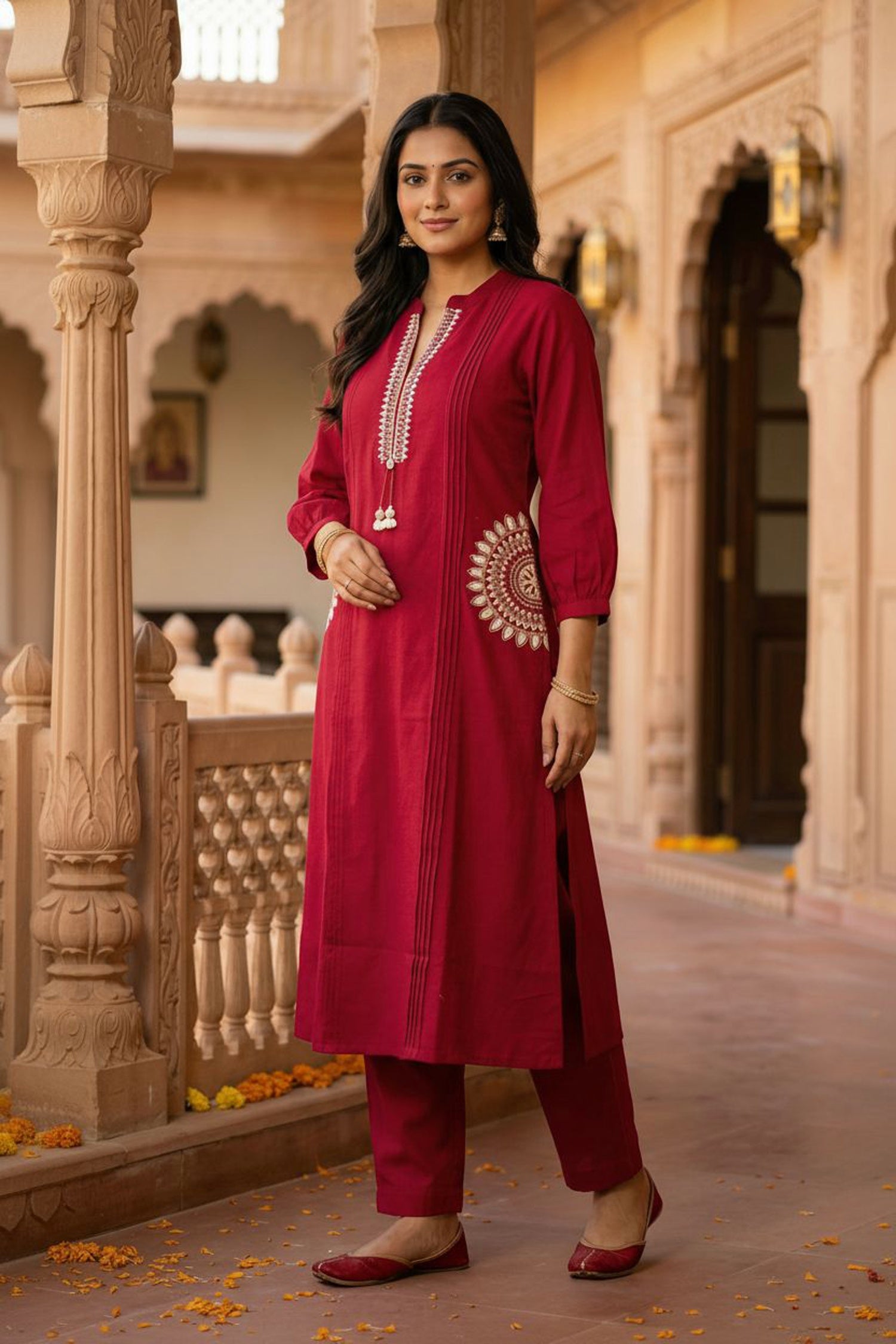 Pink Cotton Embroidered Co-ord Set with Delicate Thread Work