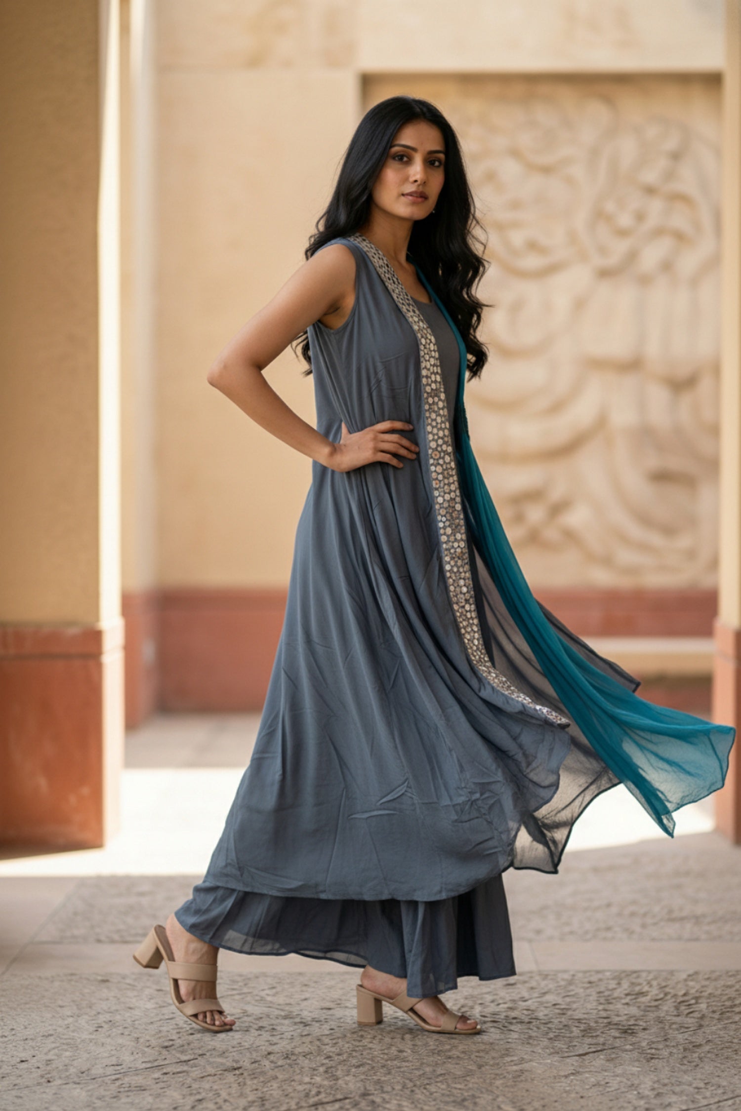 Blue Dress for Women with Embroidery & Layered Design