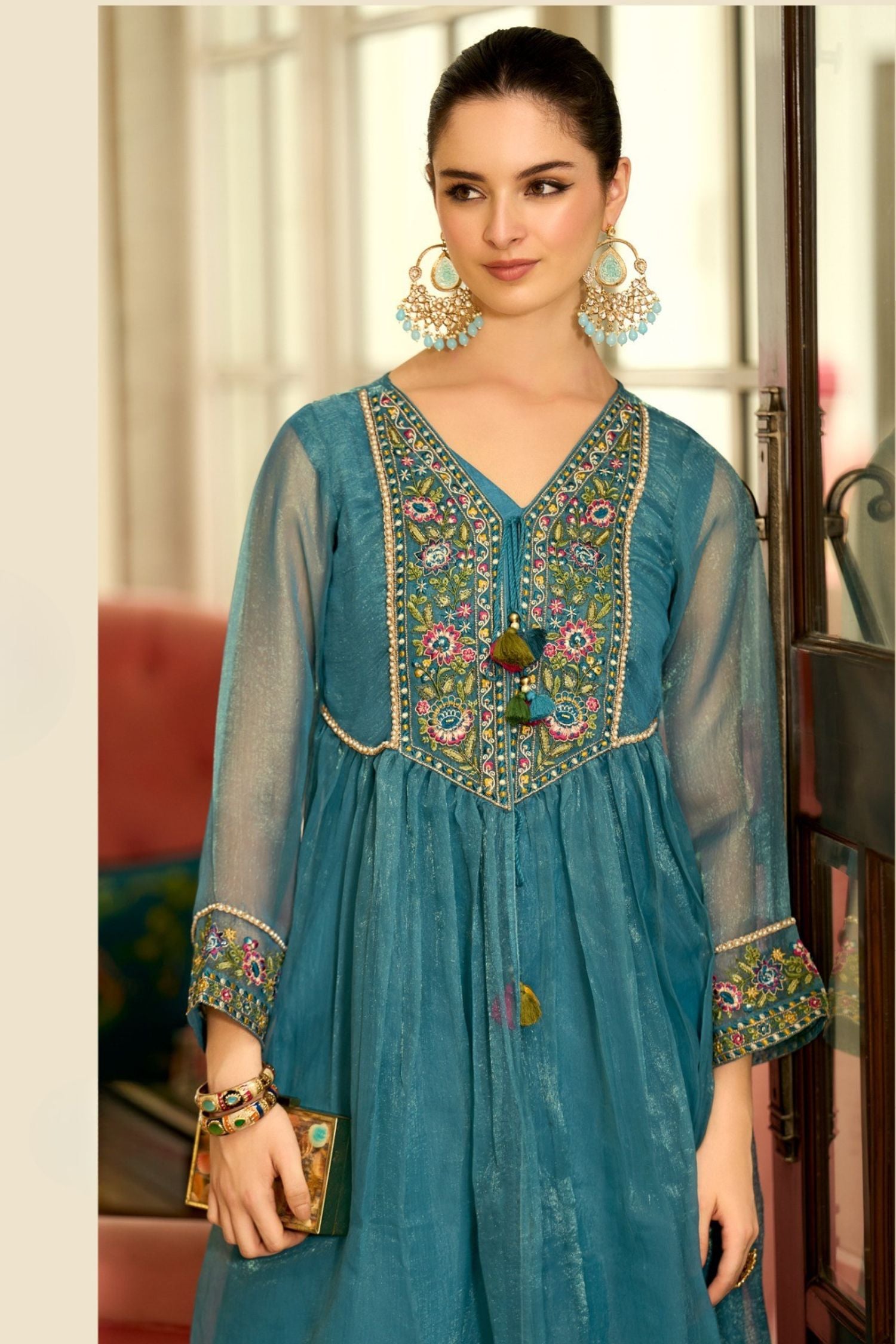 Signature Pure Organza Collection – Embroidered Perfection with Handcrafted Charm -Teal colour