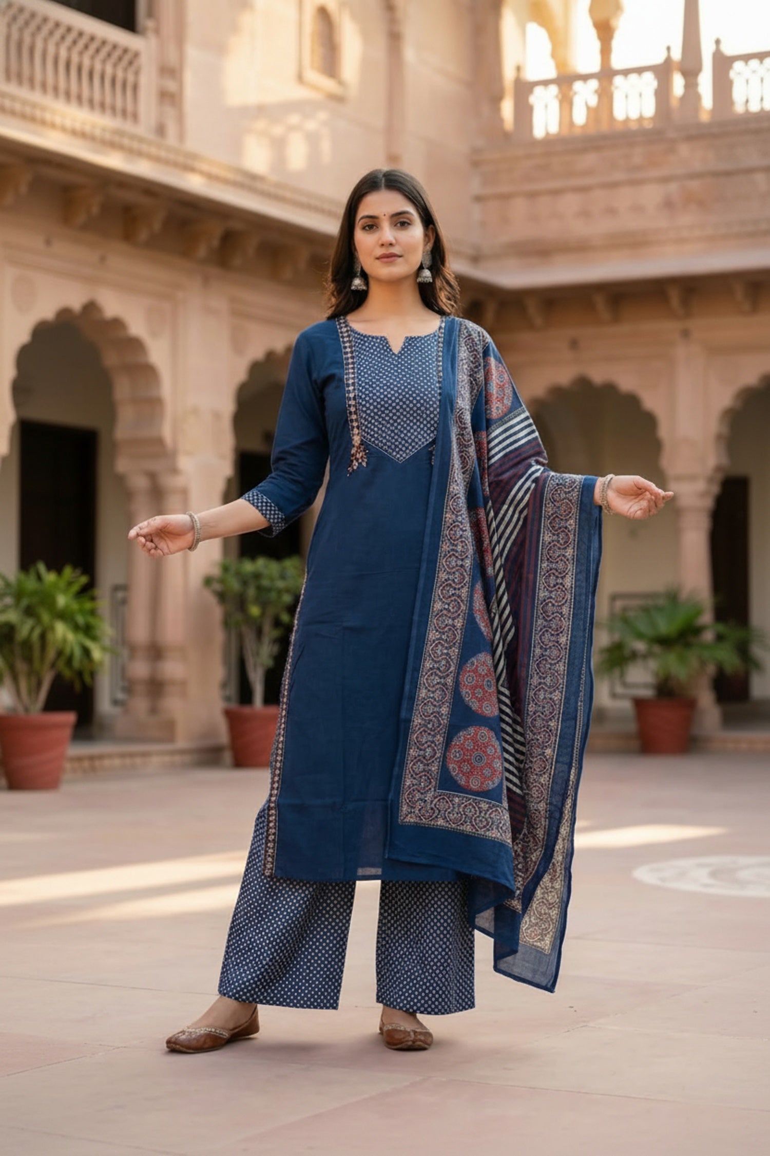 Blue Cotton Three-Piece Set with Printed Yoke Design