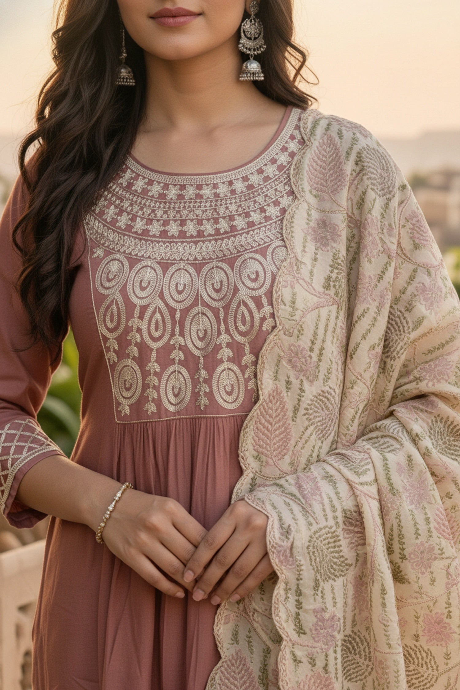 Onion Pink Embroidered Kurta Set with Tissue Silk Dupatta