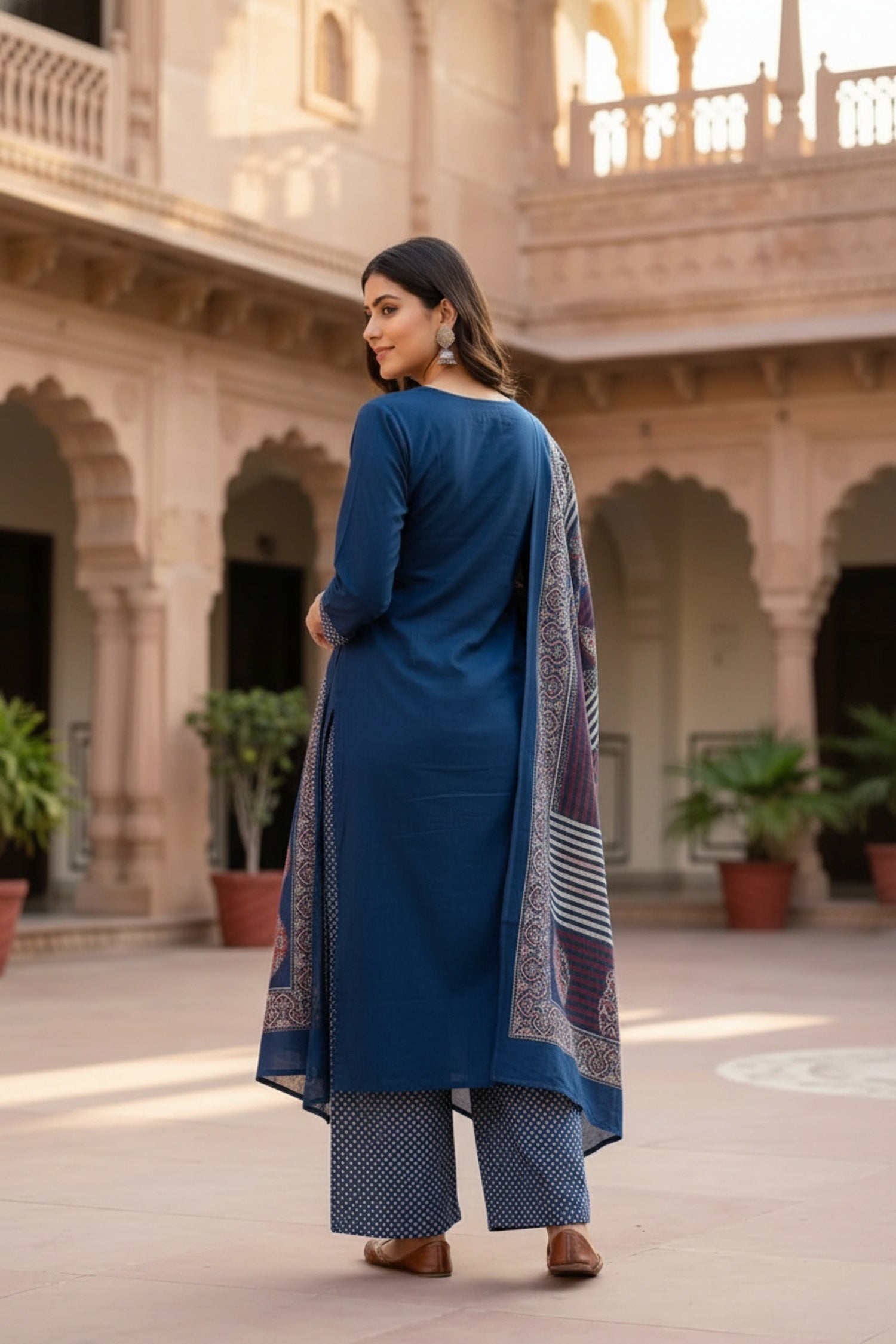 Blue Cotton Three-Piece Set with Printed Yoke Design