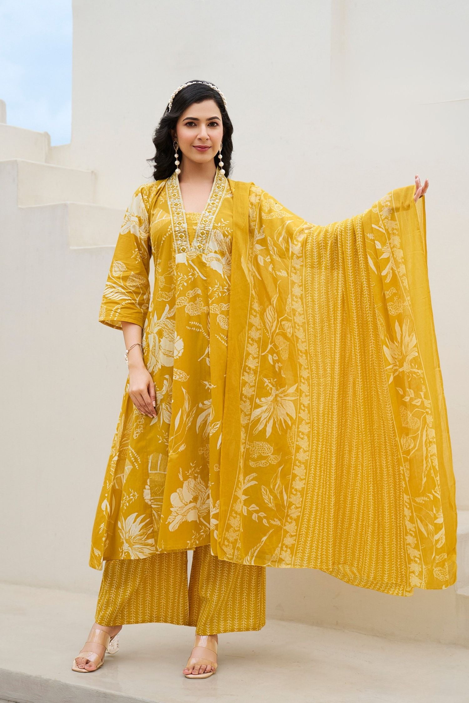 Mustard Yellow V-Neck Embroidered Cotton Floral Printed Kurta Palazzo Dupatta Set