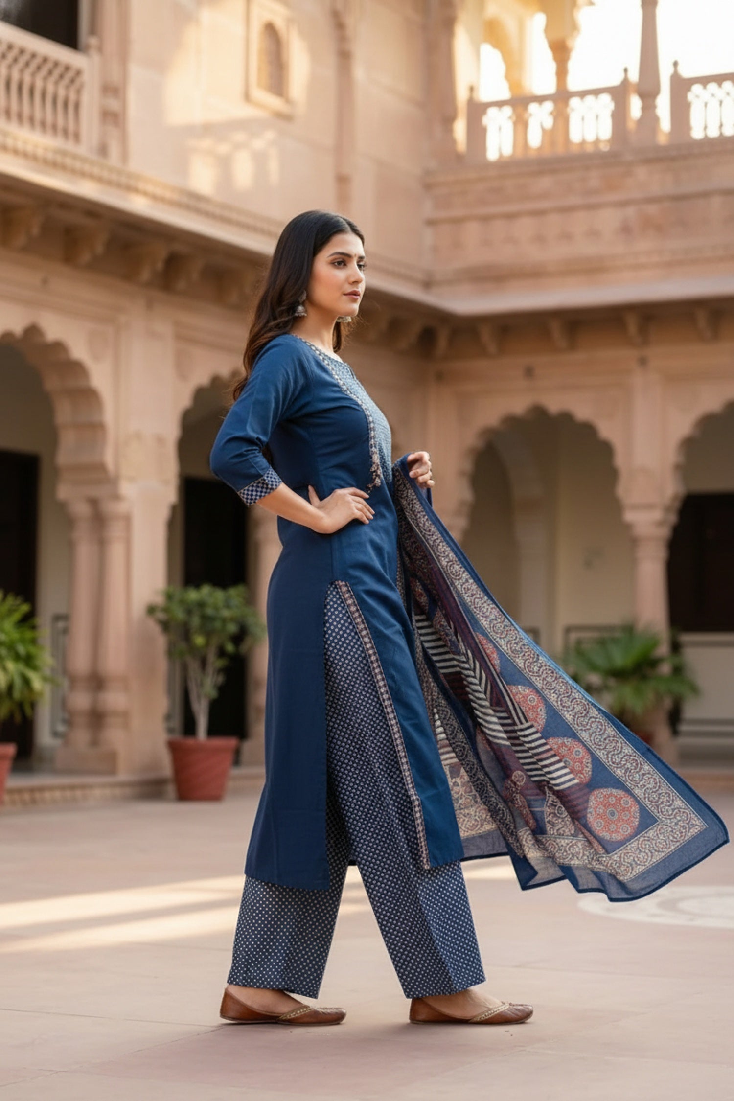 Blue Cotton Three-Piece Set with Printed Yoke Design