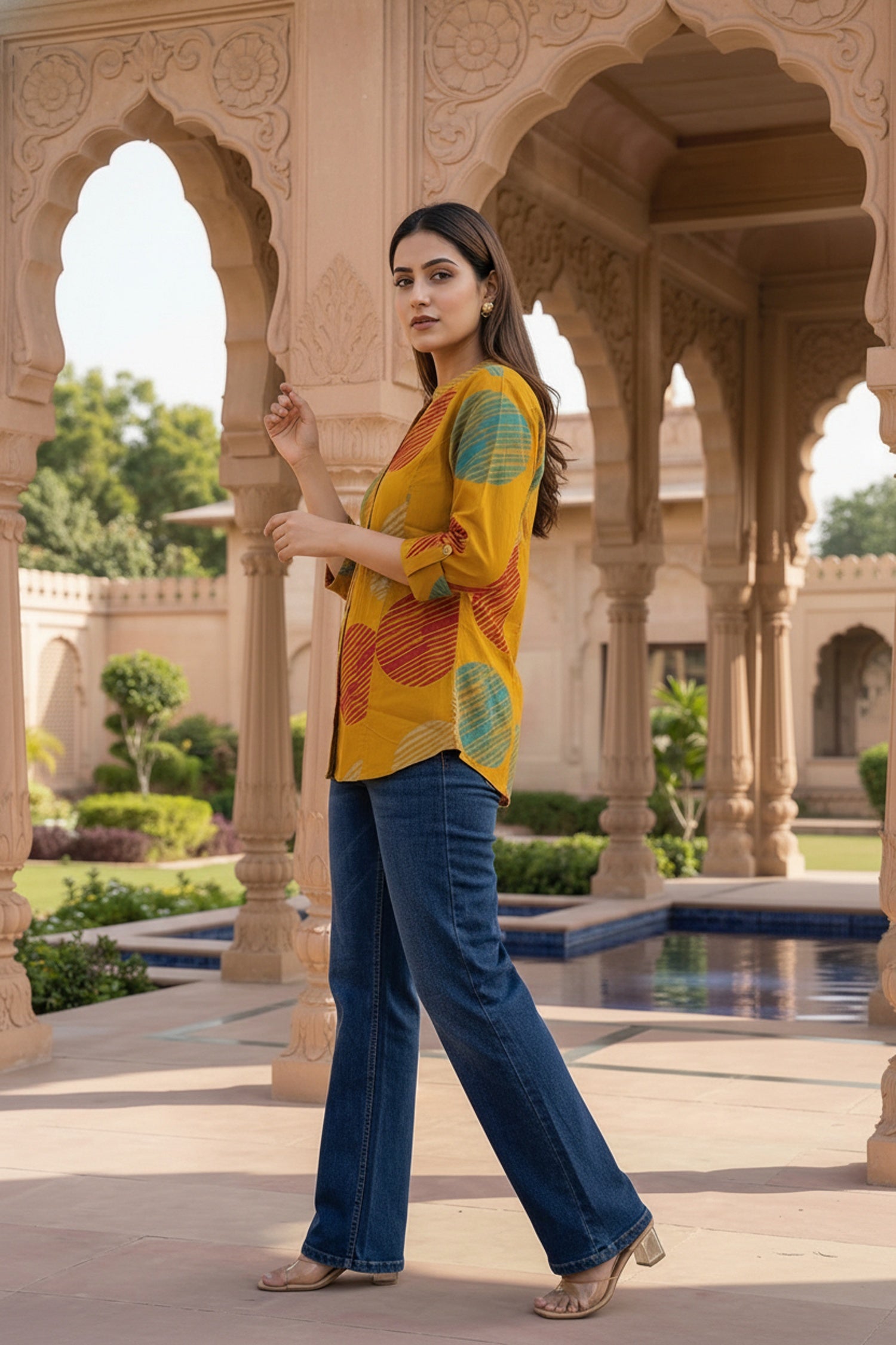 Yellow Cotton Top with Geometric Print
