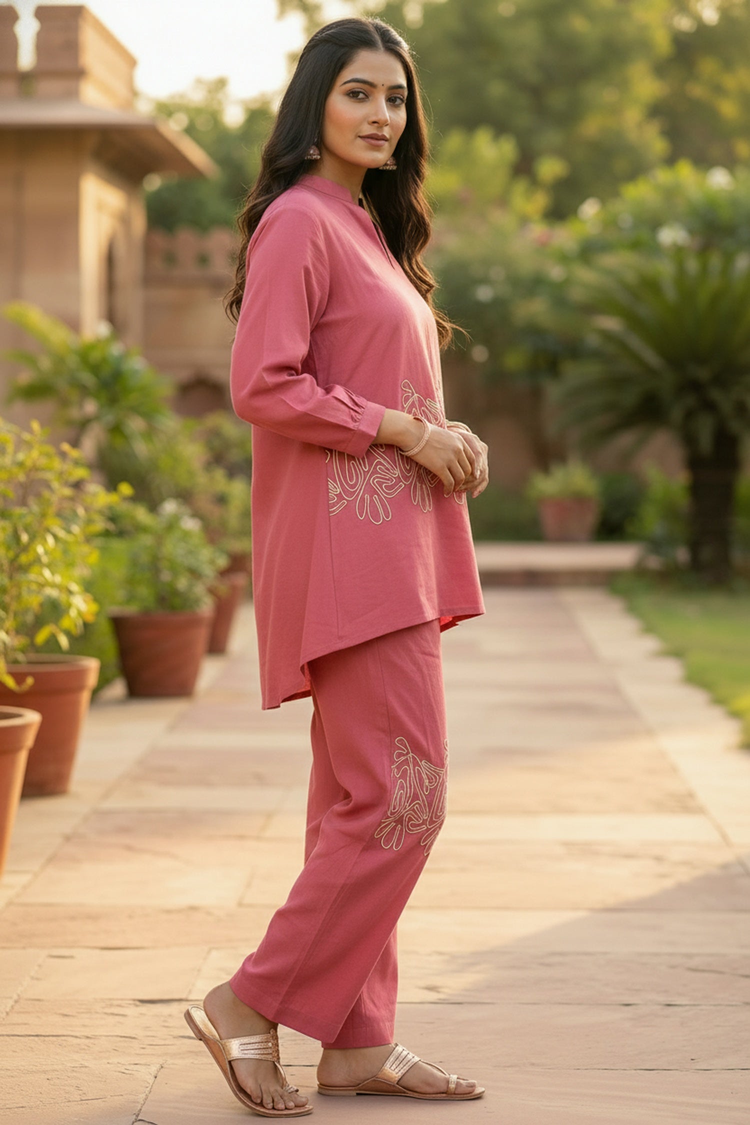 Elegant Pink Cordset Featuring Subtle Embroidery
