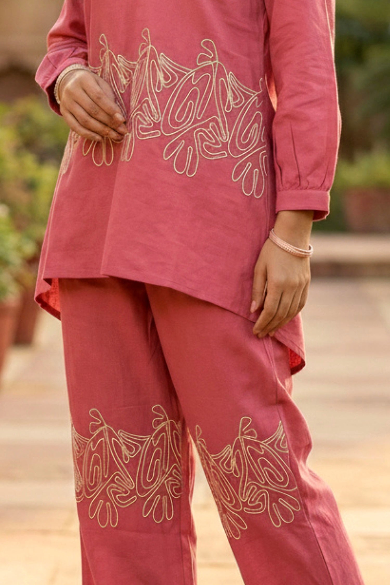 Elegant Pink Cordset Featuring Subtle Embroidery