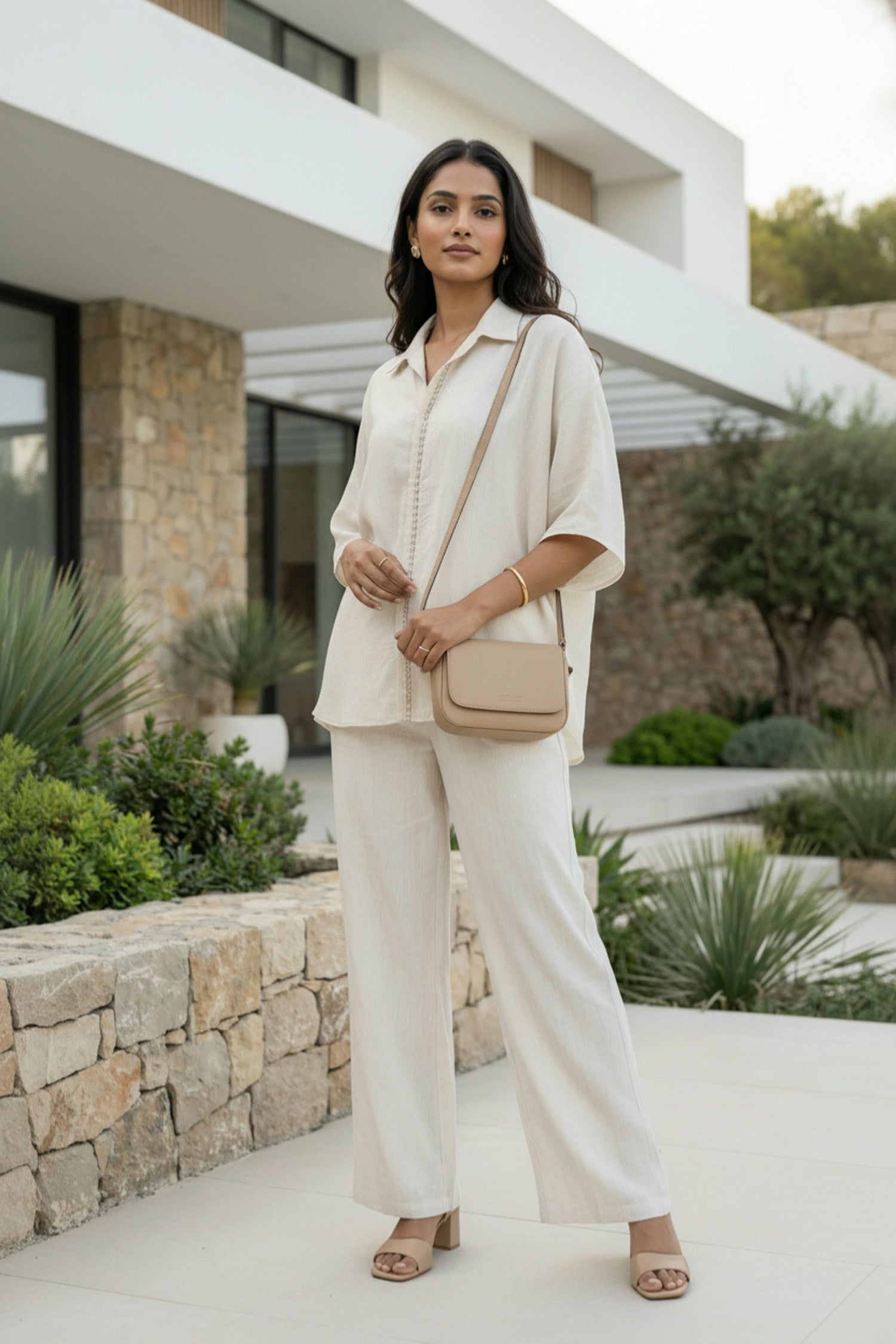 Cream Classic Solid Shirt Style Cord Set