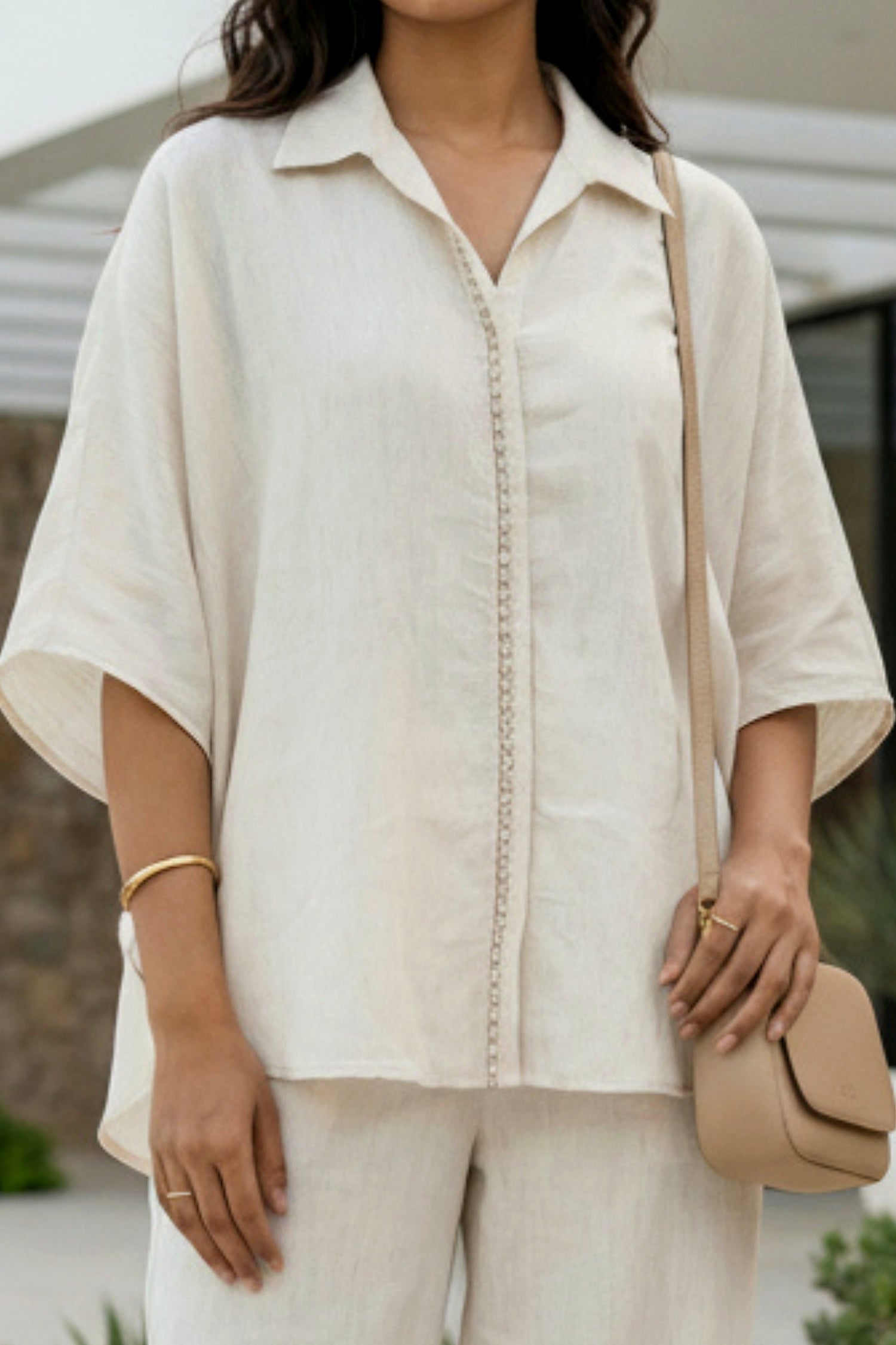 Cream Classic Solid Shirt Style Cord Set