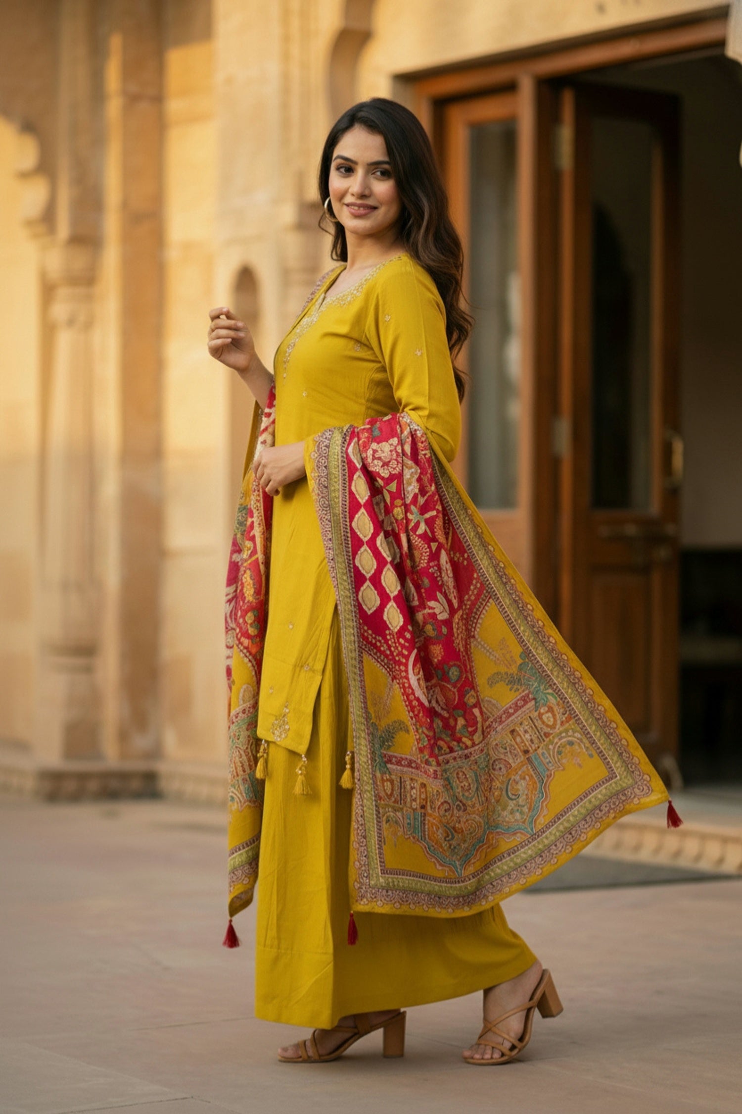 Mustard Three-Piece Set with Neck Detailing and Heavy Dupatta