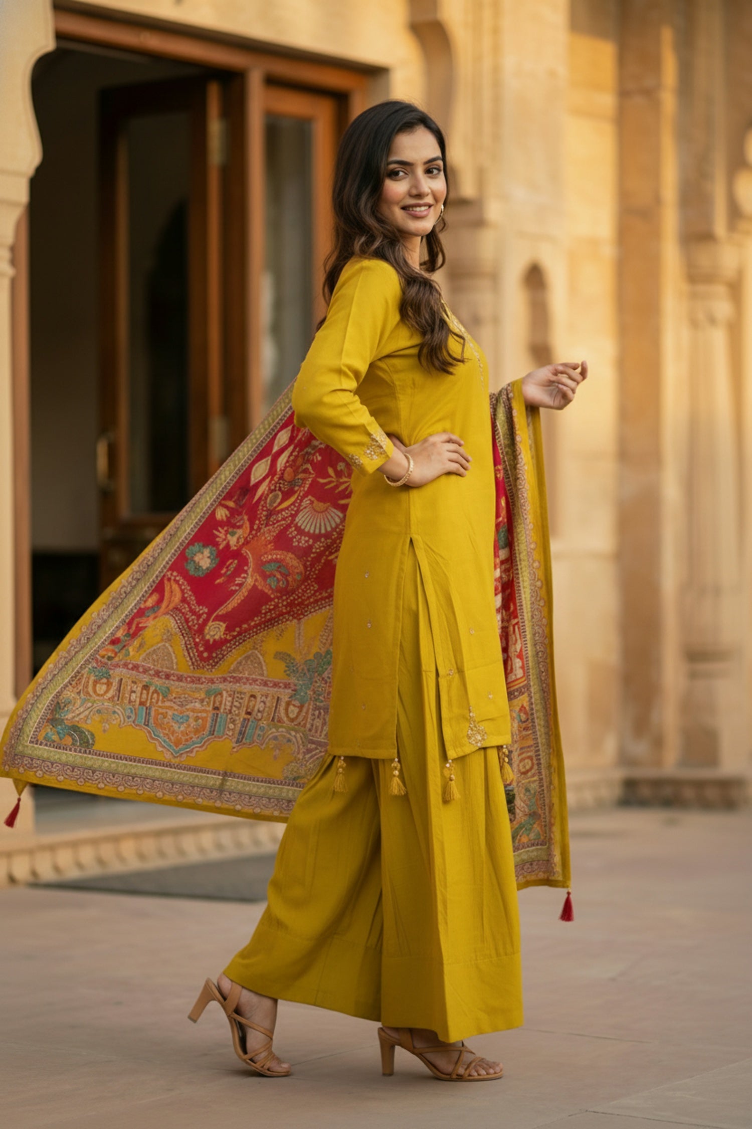 Mustard Three-Piece Set with Neck Detailing and Heavy Dupatta