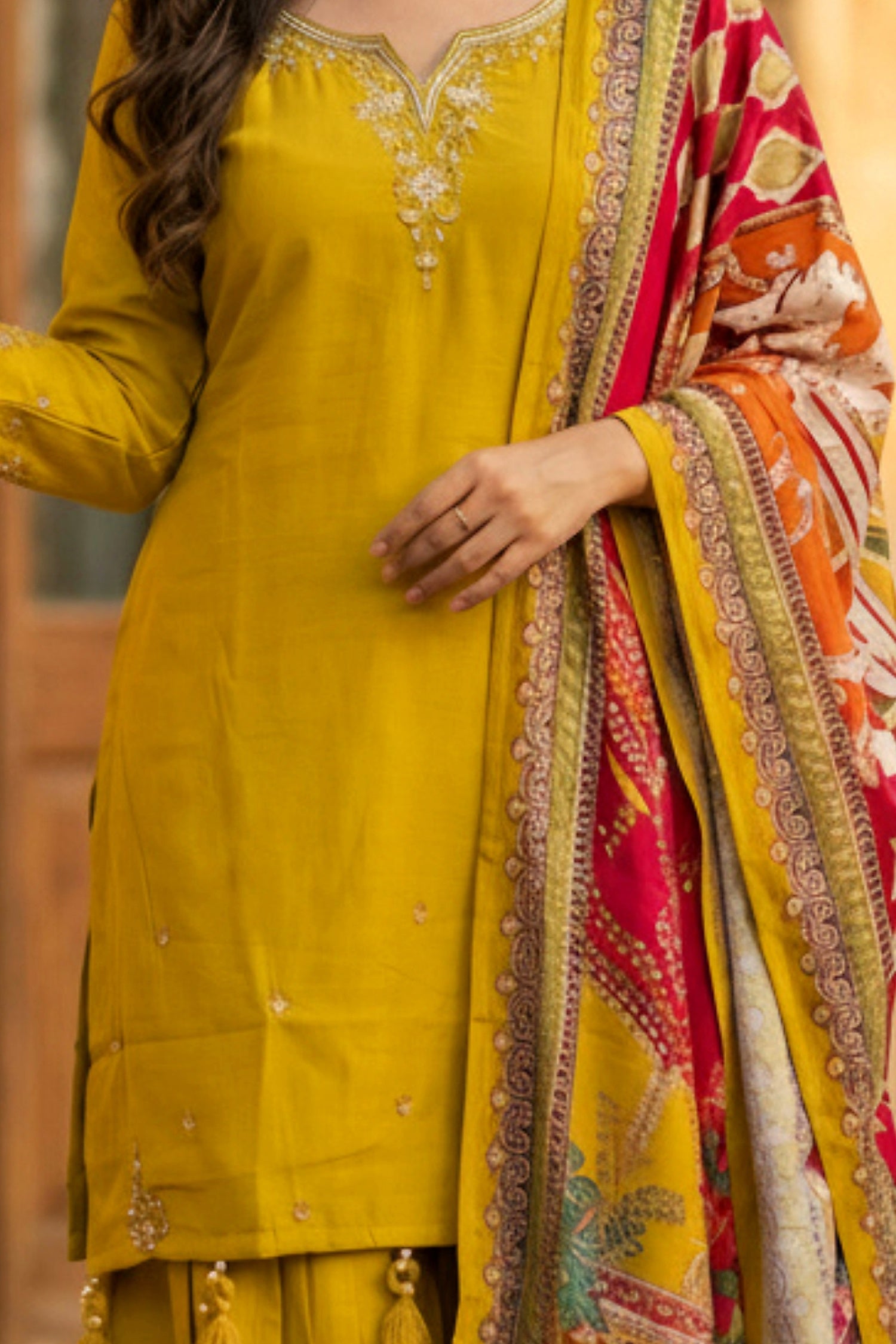 Mustard Three-Piece Set with Neck Detailing and Heavy Dupatta