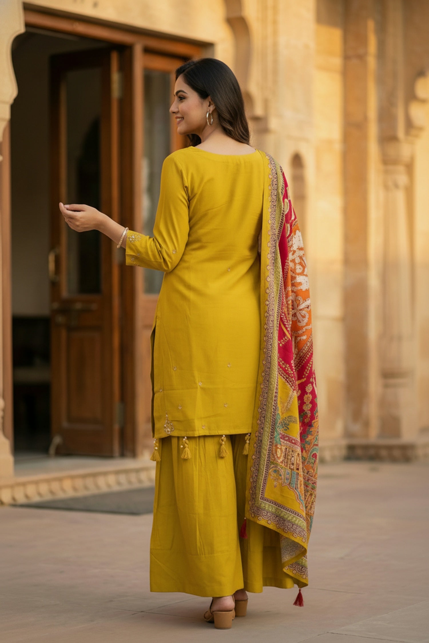 Mustard Three-Piece Set with Neck Detailing and Heavy Dupatta