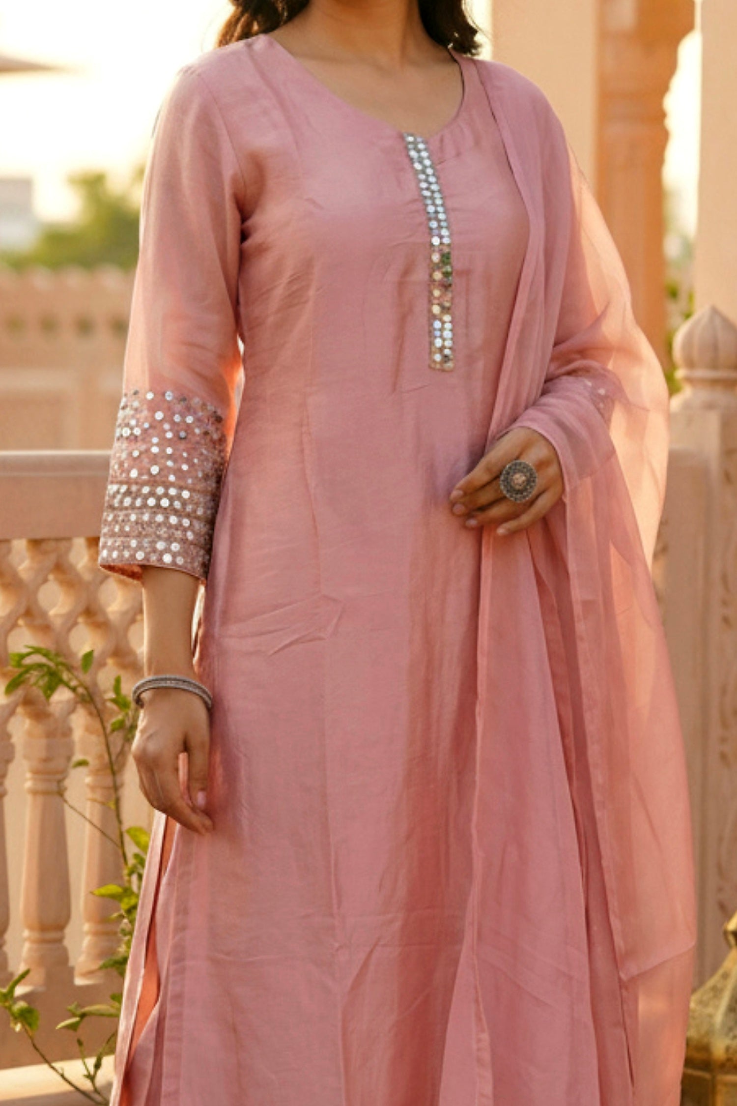 Pink Straight Cut Three-Piece Set with Embroidered Sleeves