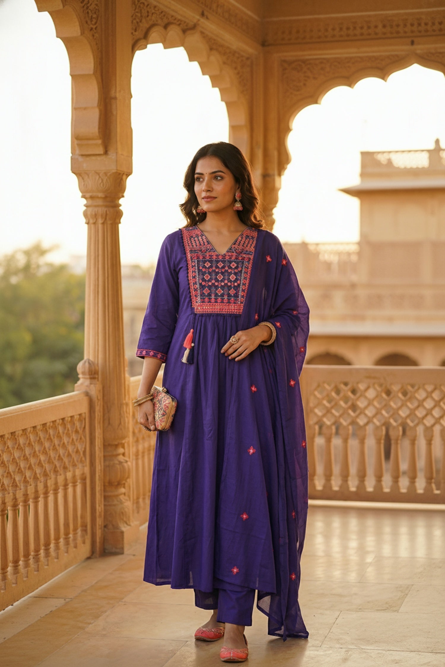 Purple Straight-Cut Three-Piece Set with Embroidery Work