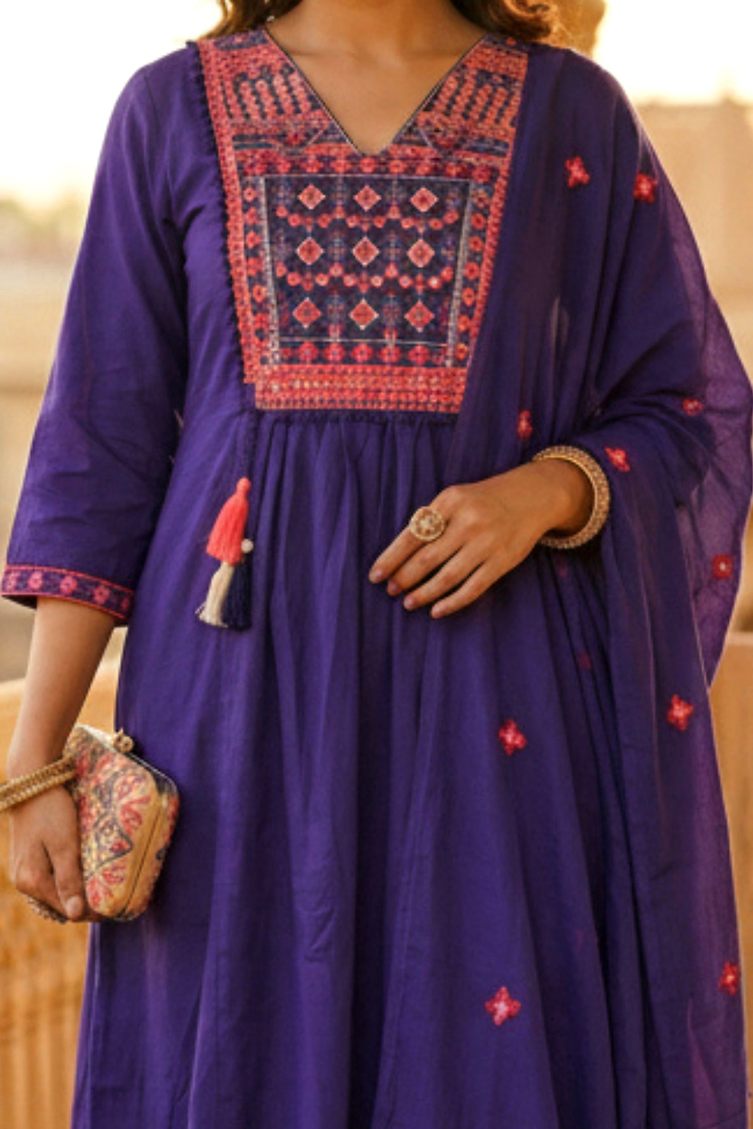 Purple Straight-Cut Three-Piece Set with Embroidery Work