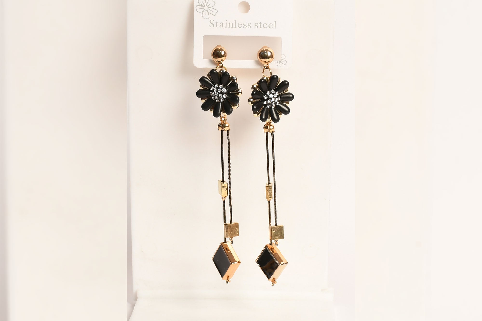 Black Stainless Steel Flower Drop Earrings - Freyaa
