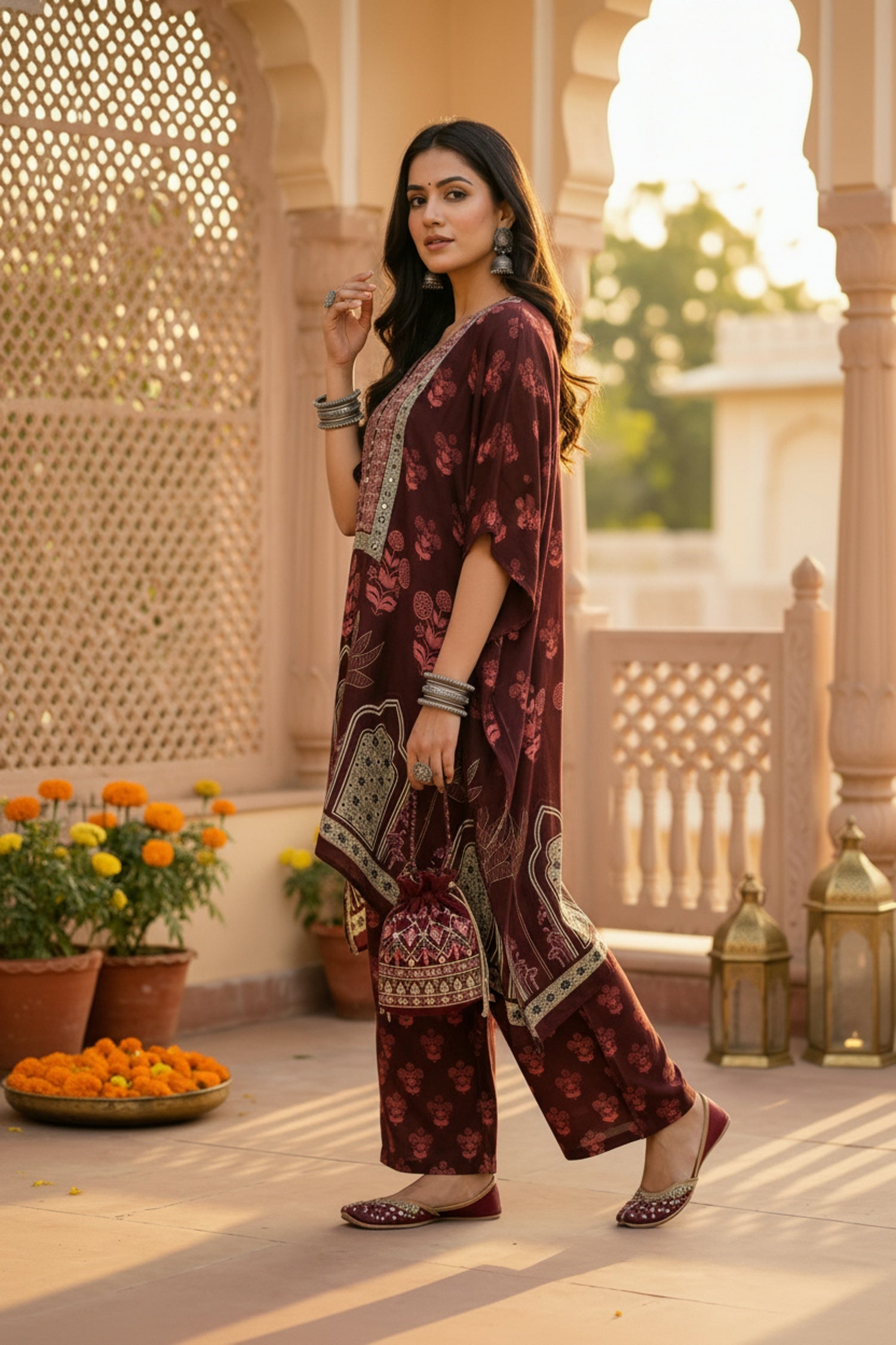 Maroon Short Kaftan with Bold Prints