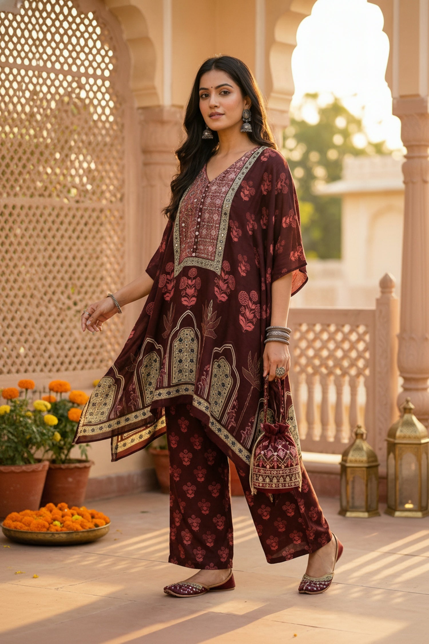 Maroon Short Kaftan with Bold Prints