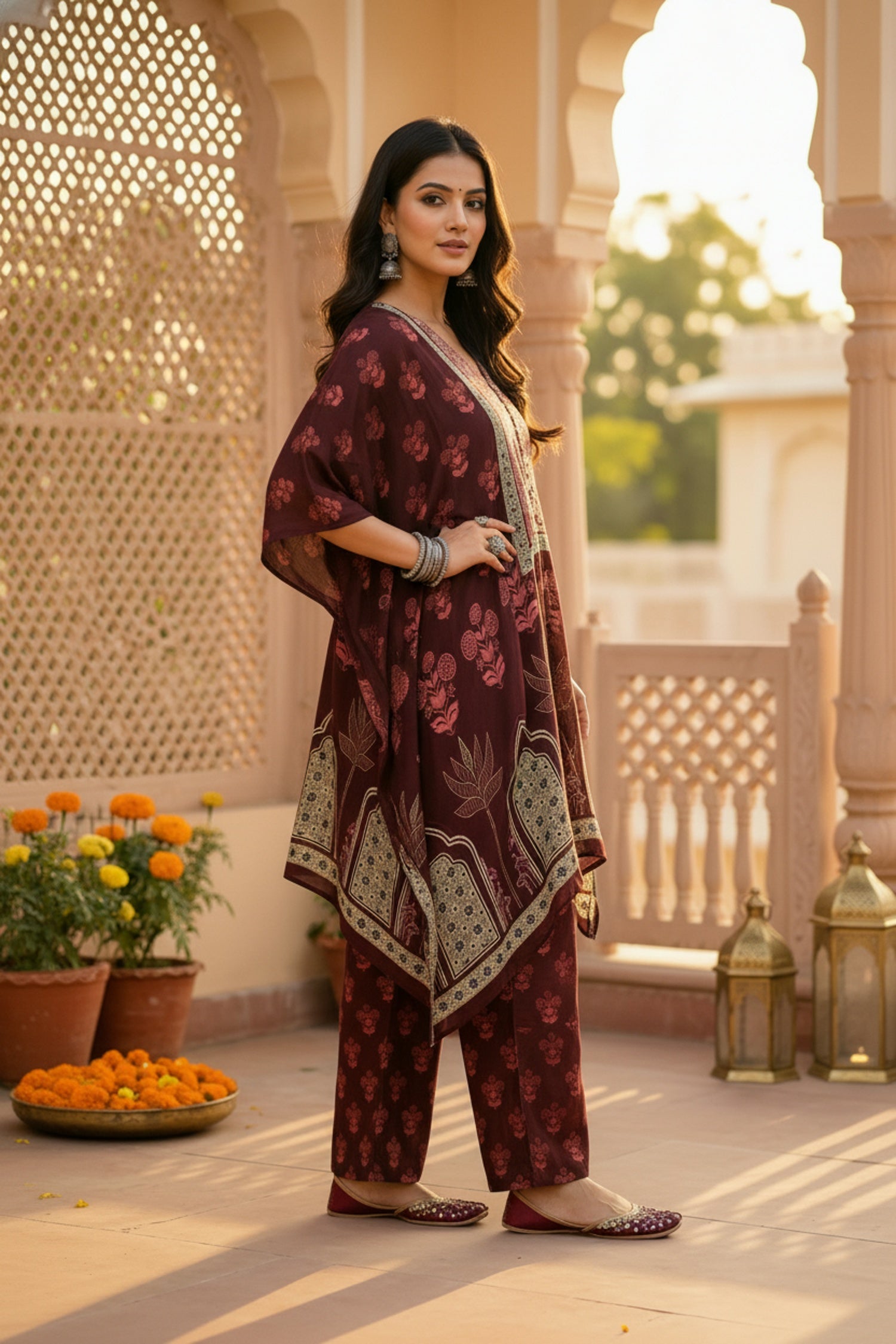 Maroon Short Kaftan with Bold Prints
